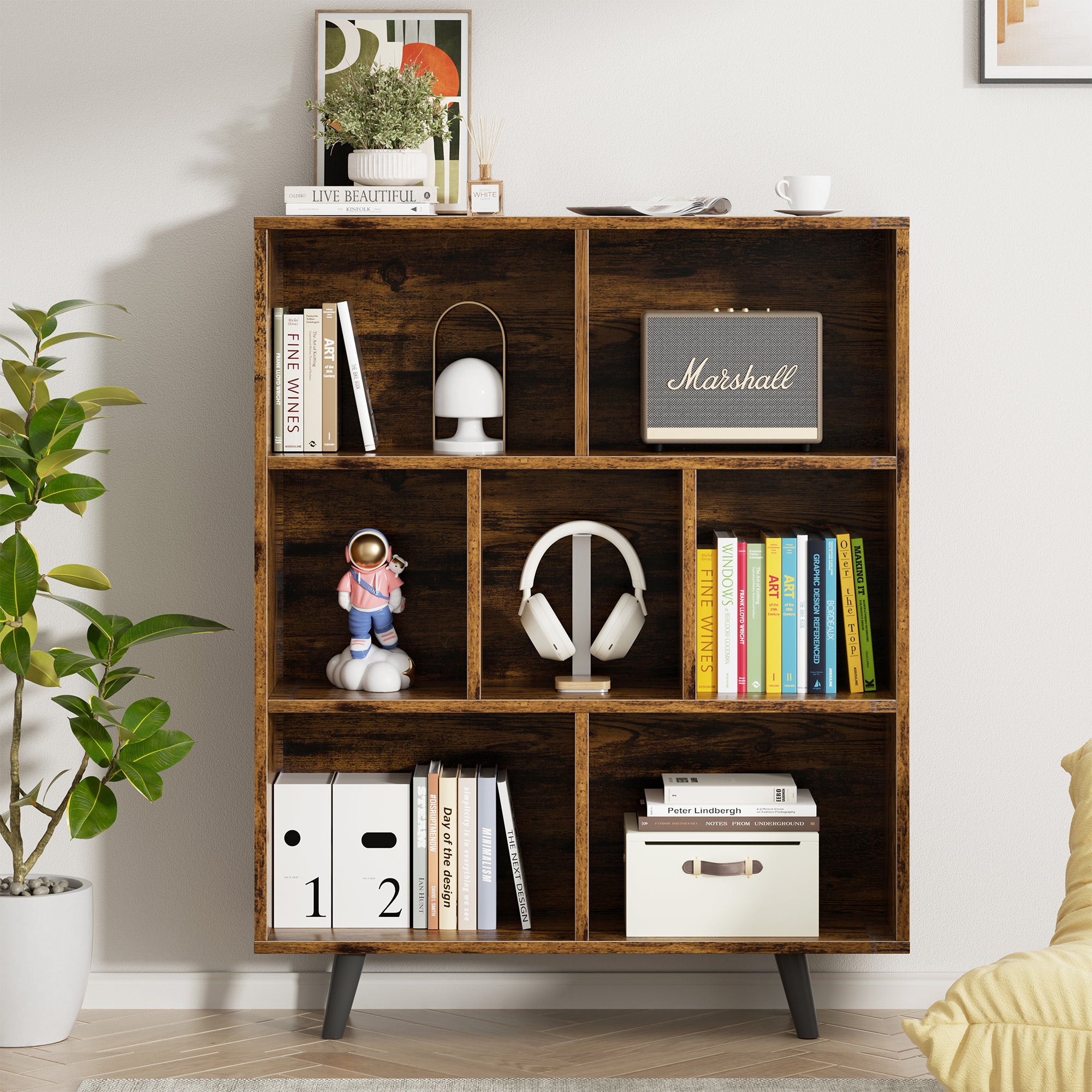 Vongrasig 7 Cube Bookshelf, 3 Tier Mid-Century Modern Bookcase with Legs, Wooden Bookshelf Storage Organizer Display Bookcase for Bedroom, Living Room, Office, Rustic