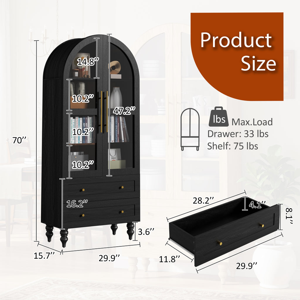 Vongrasig 71" Tall Arched Kitchen Pantry Storage Cabinet with Glass Doors, 2 Large Drawers, 6-Tier Tall Rustic Wood Cupboard Locker for Kitchen, Dining Room, Living Room, Bathroom,Black