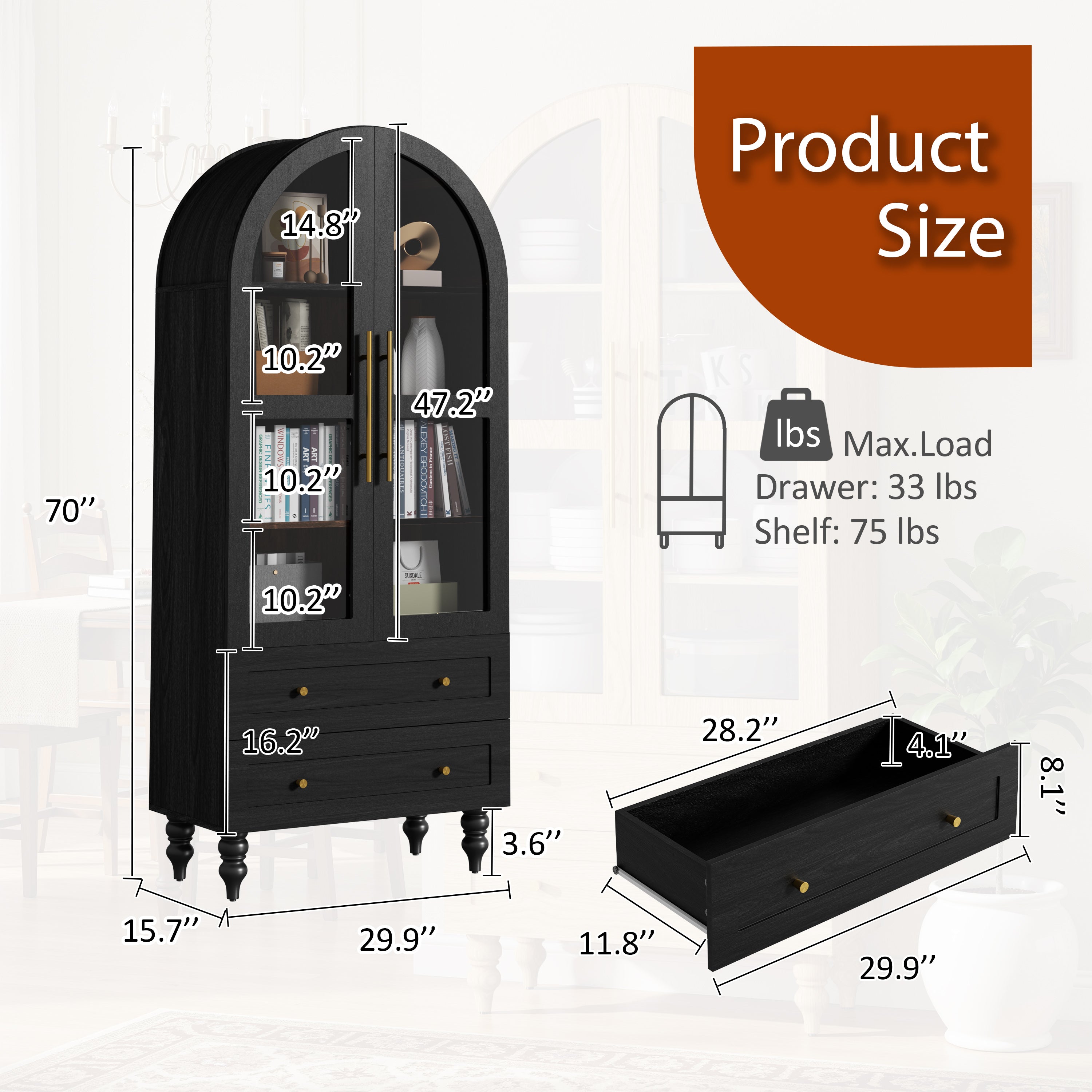 Vongrasig 71" Tall Arched Kitchen Pantry Storage Cabinet with Glass Doors, 2 Large Drawers, 6-Tier Tall Rustic Wood Cupboard Locker for Kitchen, Dining Room, Living Room, Bathroom,Black