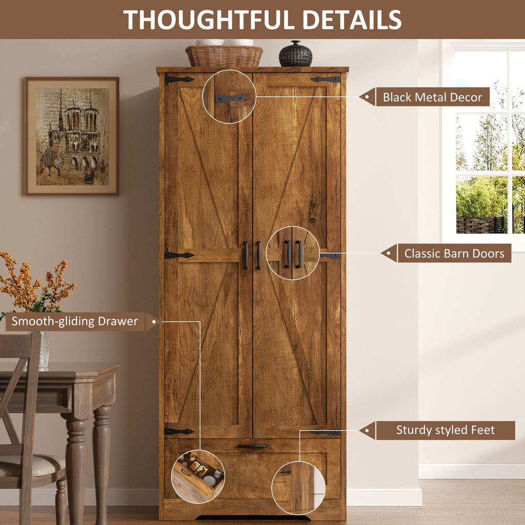 Vongrasig Kitchen Pantry Storage Cabinet with Barn Doors, Drawer and Adjustable Shelves, 4-Tier Tall Rustic Wood Cupboard Locker for Kitchen, Living Room, Bathroom, Dining Room