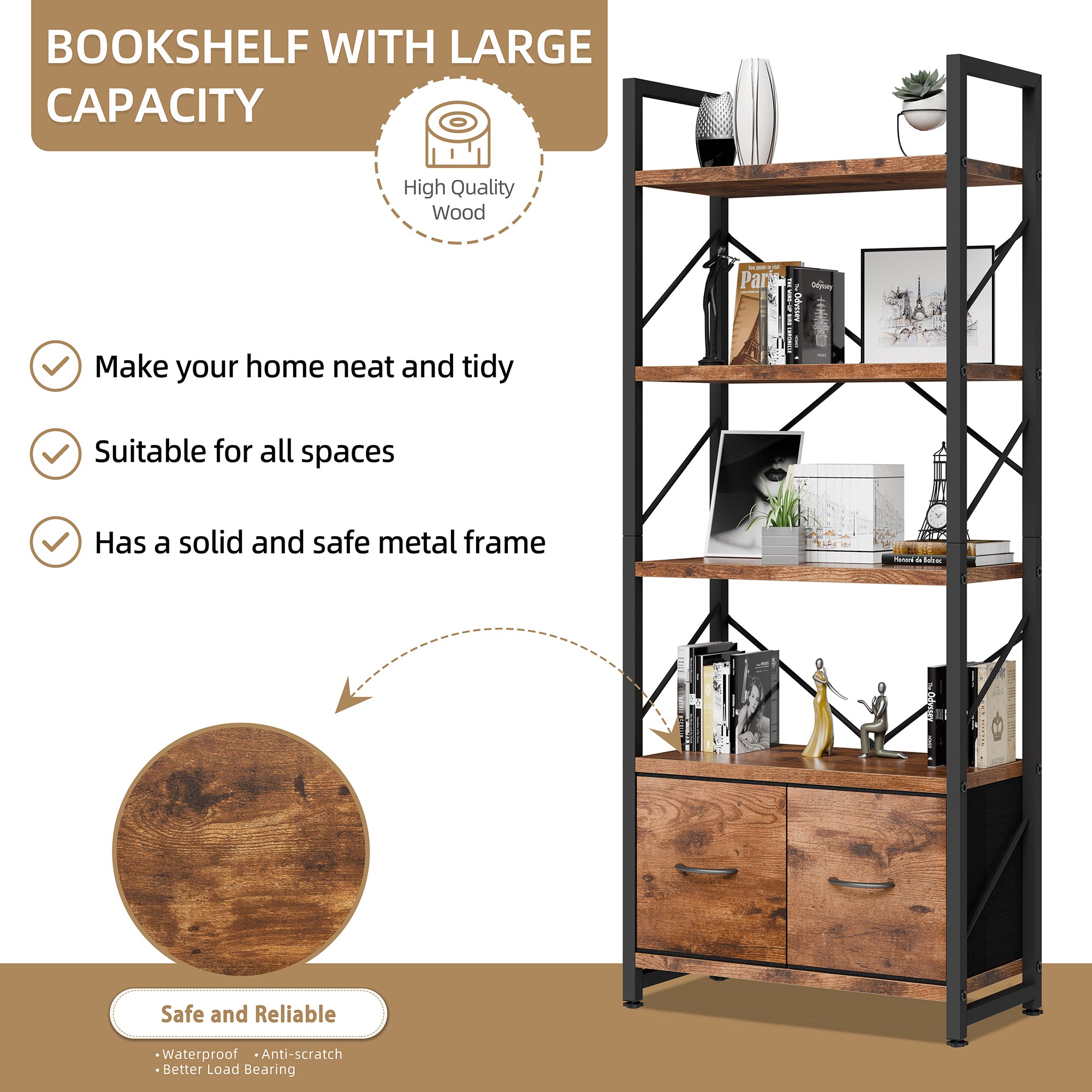 Vongrasig 5 Tier Bookshelf with Drawer, Industrial Tall Narrow Bookcase, Display Shelf Modern Wood and Metal Bookshelves, Free Standing Storage Organizer for Office, Living Room