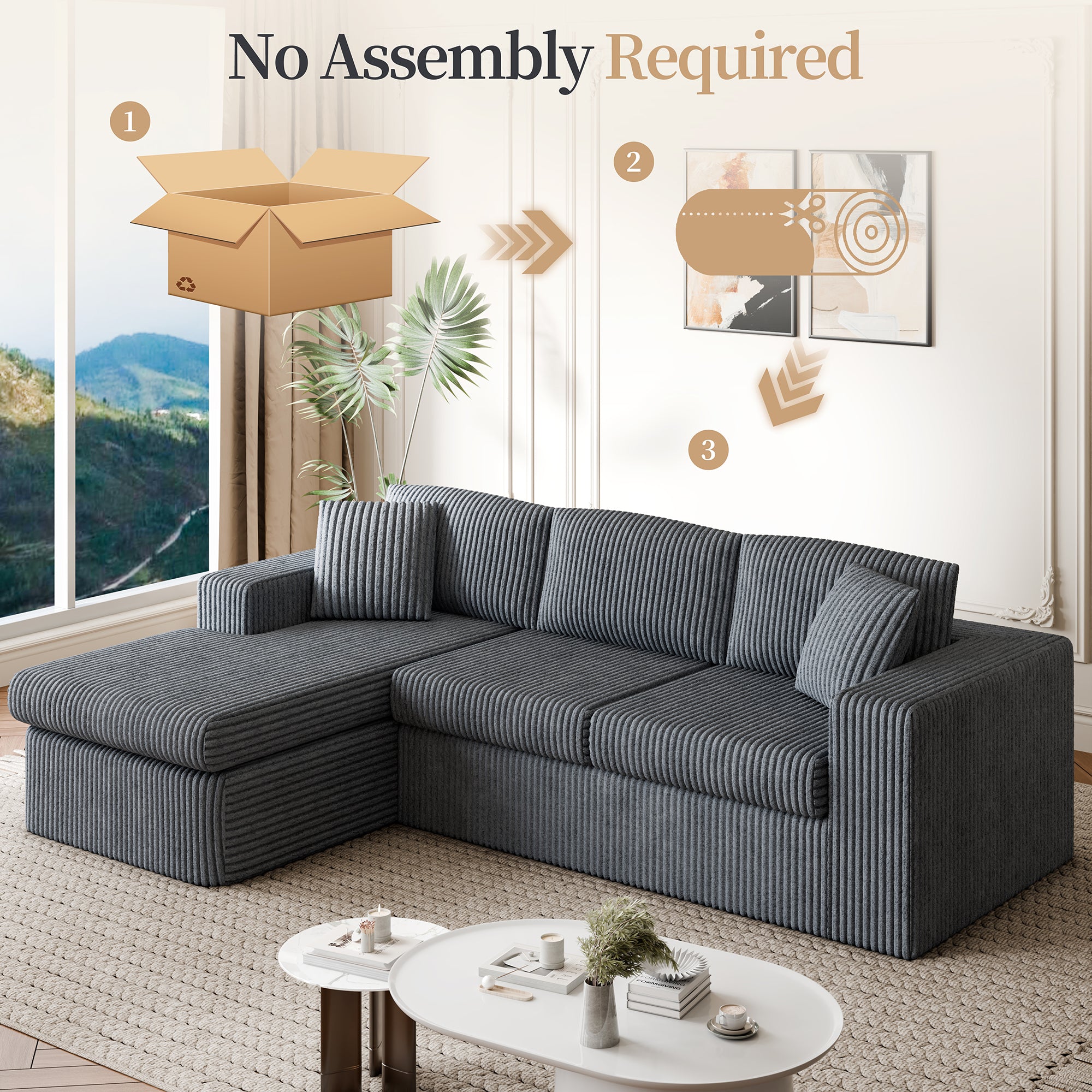 Vongrasig 105" Boneless Couches for Living Room, Sectional Couches Modular Sofa with L-Shaped Chaise, Memory Foam Comfy Cloud Couch with Plush Corduroy Fabric, No Assembly Required, Black