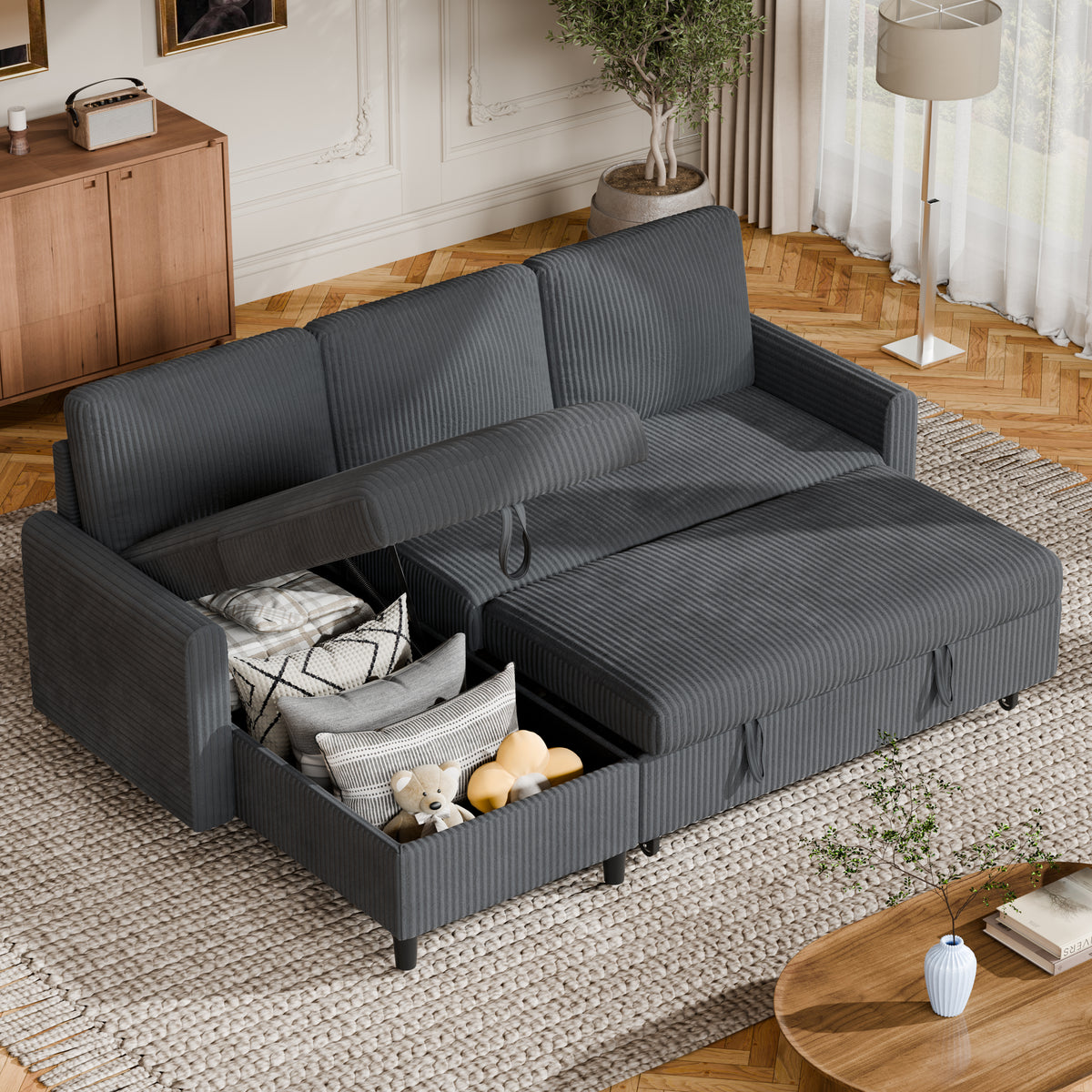 Vongrasig 74" L Shaped Convertible Sofa Bed for Small Space, Pull Out Couch with Storage Chaise, Corduroy Fabric Sleeper Sofa Bed for Living Room, Guest Room, Apartment