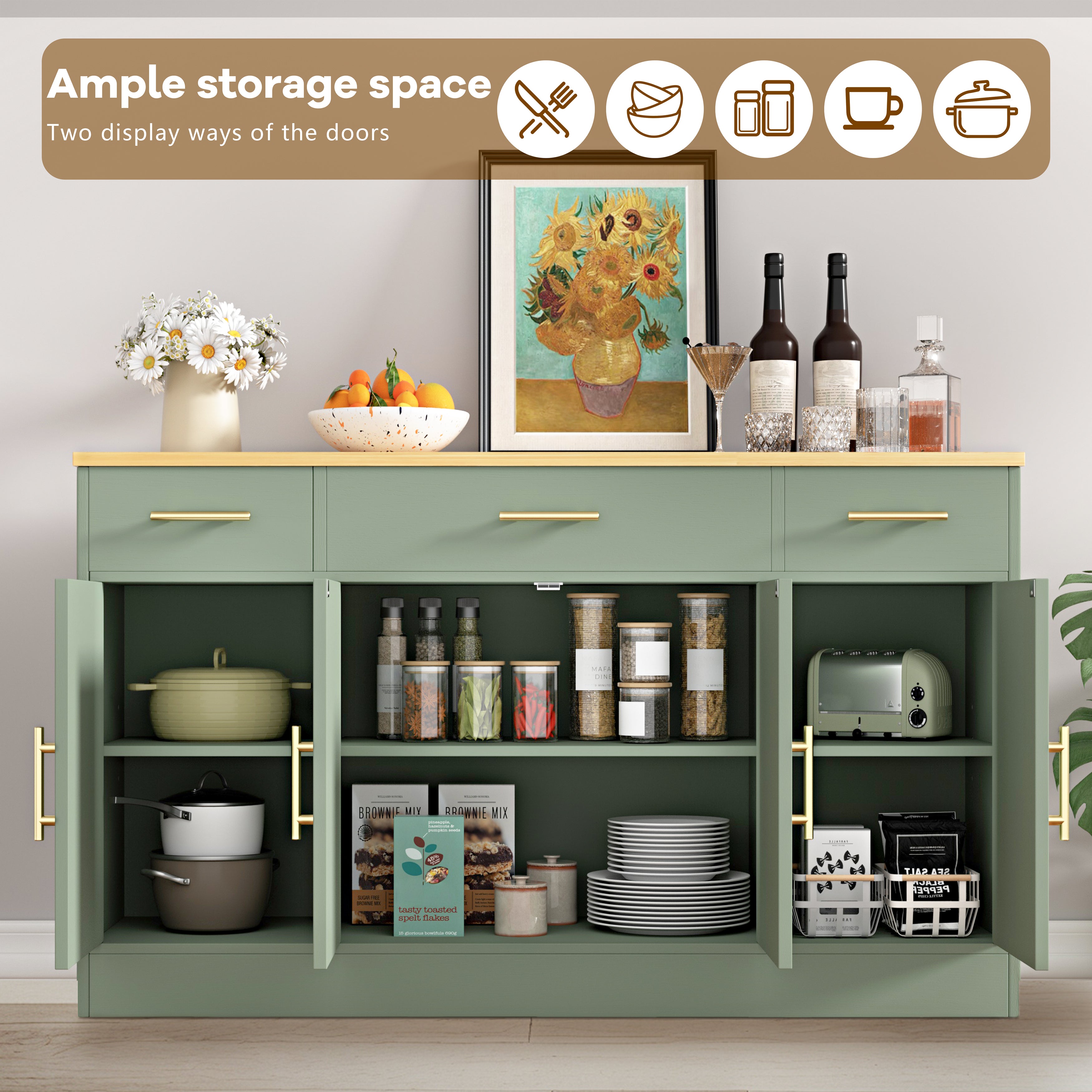 Vongrasig Buffet Cabinet with Storage, Farmhouse Coffee Bar Cabinet with Drawers, 53” Large Modern Sideboard Buffet with Adjustable Shelves for Kitchen, Dining Room