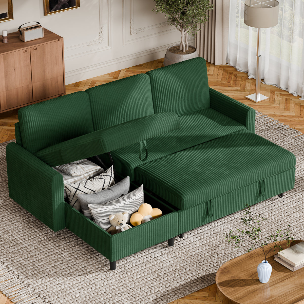 Vongrasig 74" L Shaped Convertible Sofa Bed for Small Space, Pull Out Couch with Storage Chaise, Corduroy Fabric Sleeper Sofa Bed for Living Room, Guest Room, Apartment