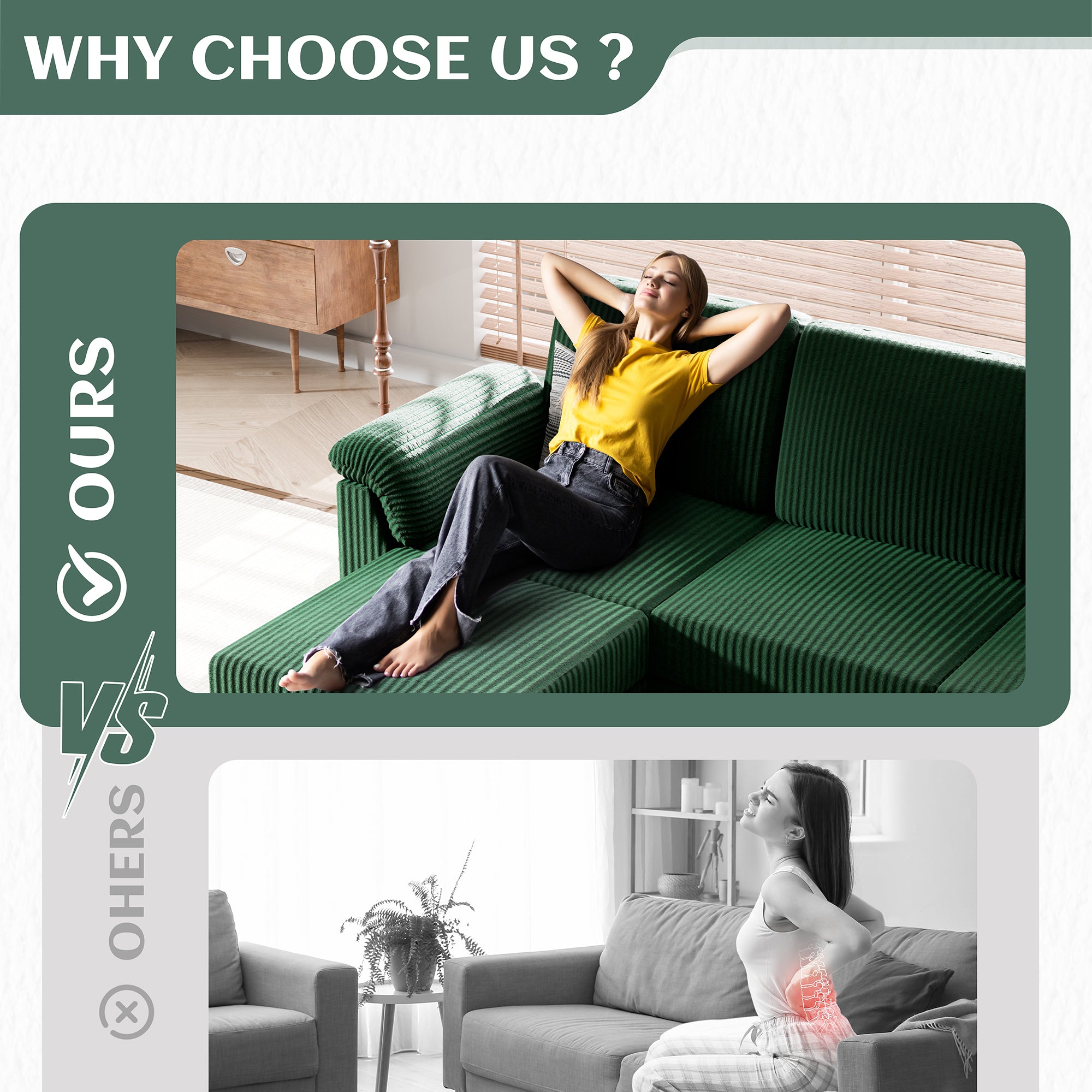 Vongrasig Convertible Sectional Sofa Couch, 3 Seat L Shaped Sofa with Removable Pillows Soft Corduroy Fabric Small Couch Mid Century for Living Room, Apartment and Office, Green