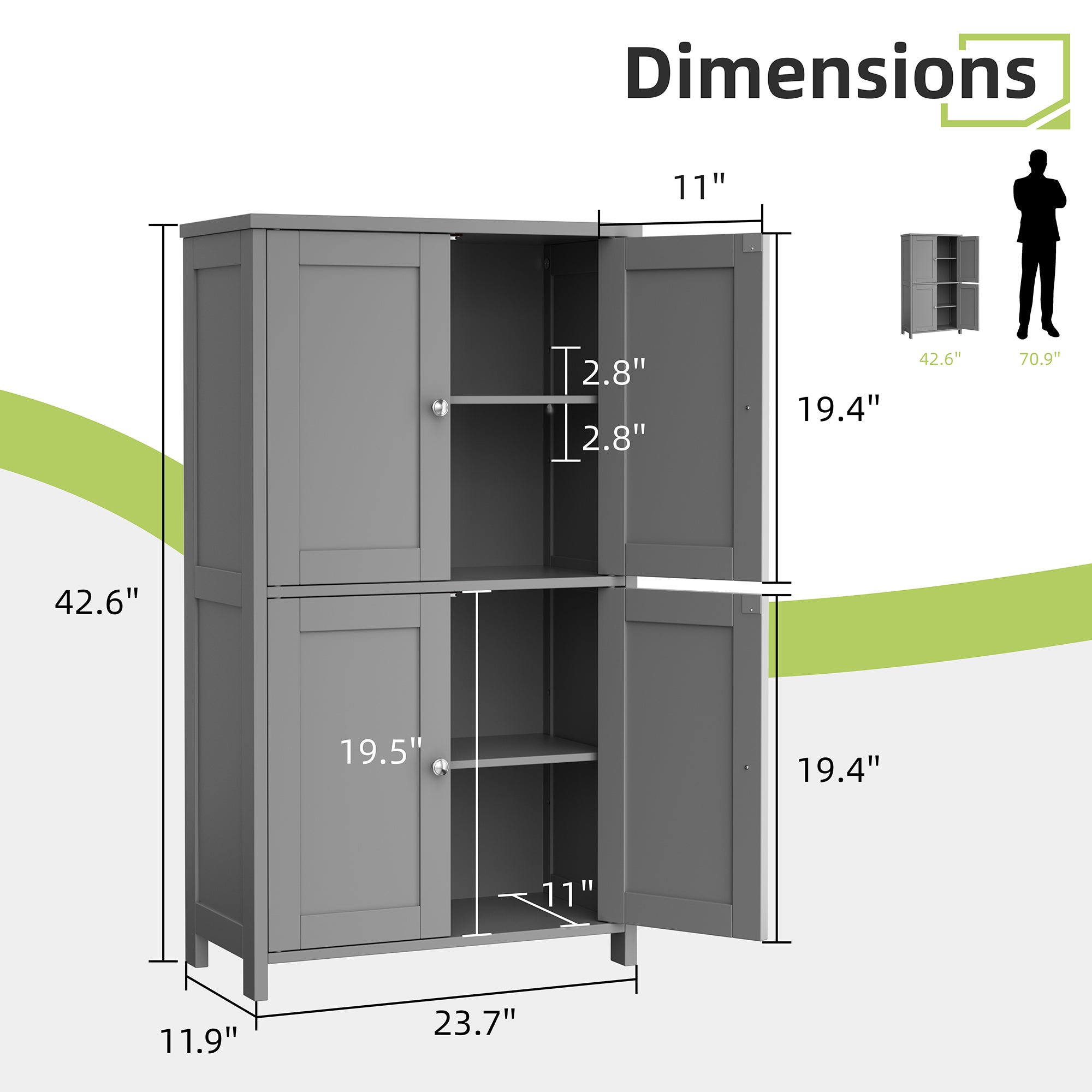 Vongrasig 42.6" Bathroom Storage Cabinet, Modern Floor Cabinet with Doors and Adjustable Shelves, Freestanding Accent Organizer Cupboard for Living Room, Entryway, Kitchen