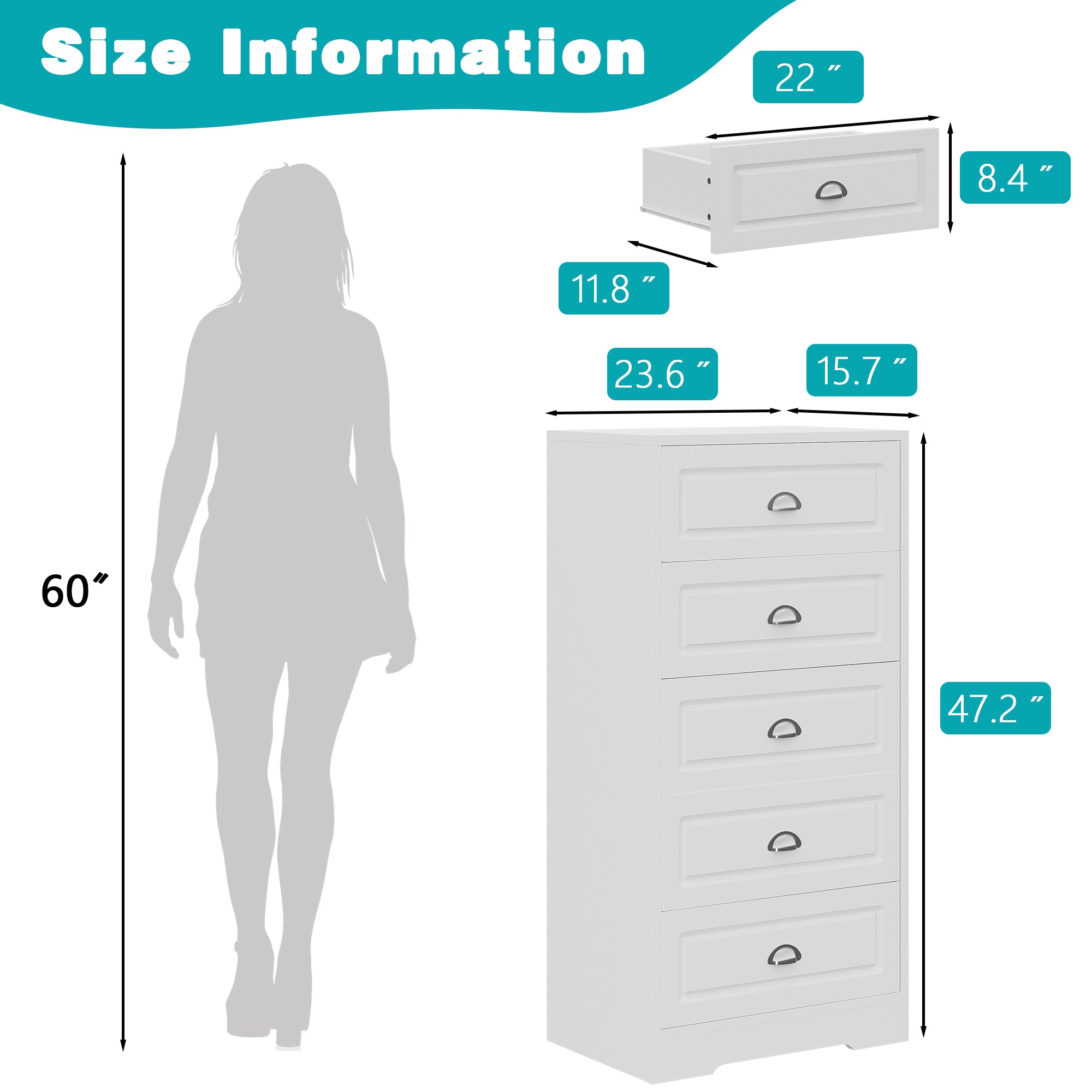 Walsunny 5 Drawer White Vertical Dresser Modern Storage Cabinet with Handle-Drawer Chest Wood Organizer for Living Room (7504209772720)