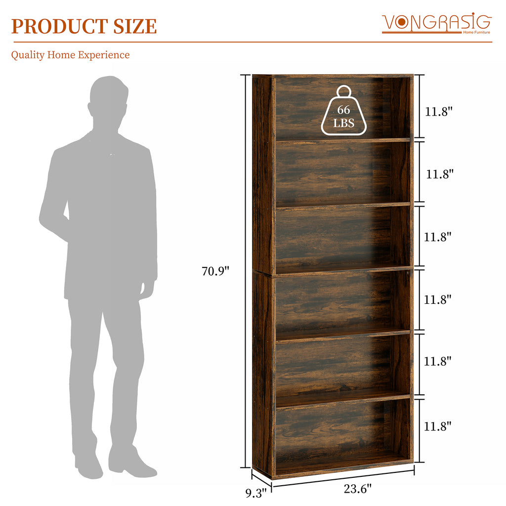 Vongrasig 6-Tier Open Bookcase and Bookshelf, Floor Standing Wood Display Storage Shelves 71 Inch Tall Bookcase Home Decor Furniture for Home Office, Living Room, Bed Room