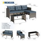 Vongrasig 3 Pieces Patio Furniture Sets, All-Weather Wicker Outdoor Sofa Couch Sectional Set, Small Conversation Set for Patio, Garden w/Cushion, Glass Table