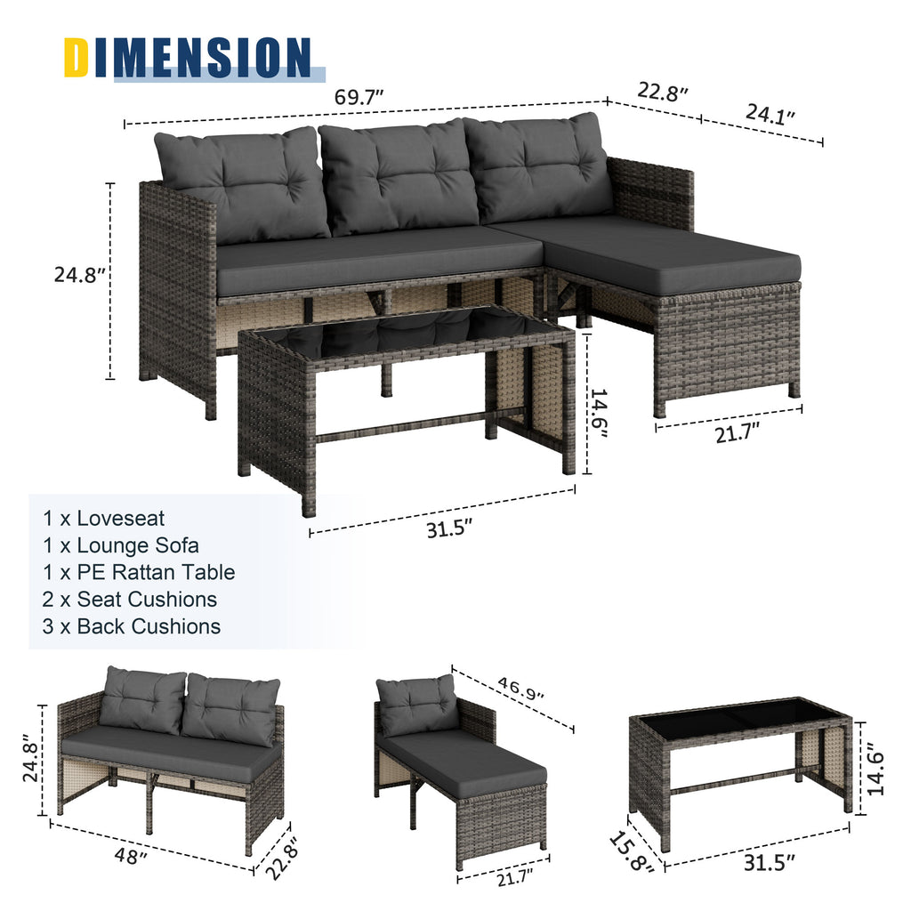 Vongrasig 3 Pieces Patio Furniture Sets, All-Weather Wicker Outdoor Sofa Couch Sectional Set, Small Conversation Set for Patio, Garden w/Cushion, Glass Table