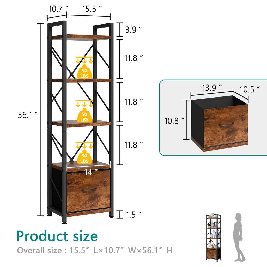 Vongrasig 5 Tier Bookshelf with Drawer, Industrial Tall Narrow Bookcase, Display Shelf Modern Wood and Metal Bookshelves, Free Standing Storage Organizer for Office, Living Room