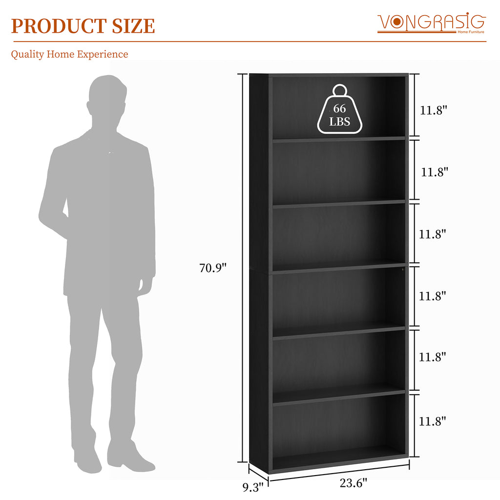 Vongrasig 6-Tier Open Bookcase and Bookshelf, Floor Standing Wood Display Storage Shelves 71 Inch Tall Bookcase Home Decor Furniture for Home Office, Living Room, Bed Room
