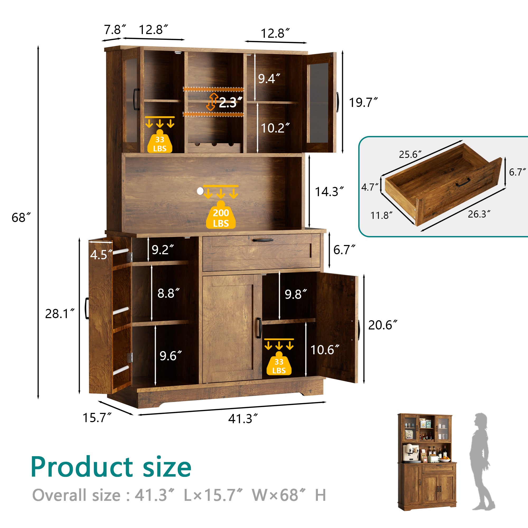 Vongrasig Kitchen Pantry Cabinet, Farmhouse Kitchen Hutch Tall Storage Cabinet with Doors and Shelves, Modern Food Pantry for Dining Room