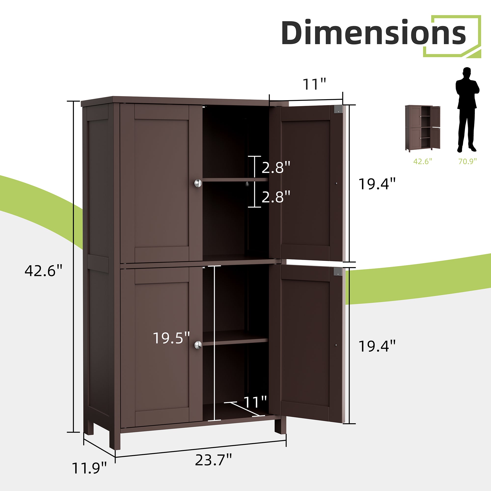 Vongrasig 42.6" Bathroom Storage Cabinet, Modern Floor Cabinet with Doors and Adjustable Shelves, Freestanding Accent Organizer Cupboard for Living Room, Entryway, Kitchen