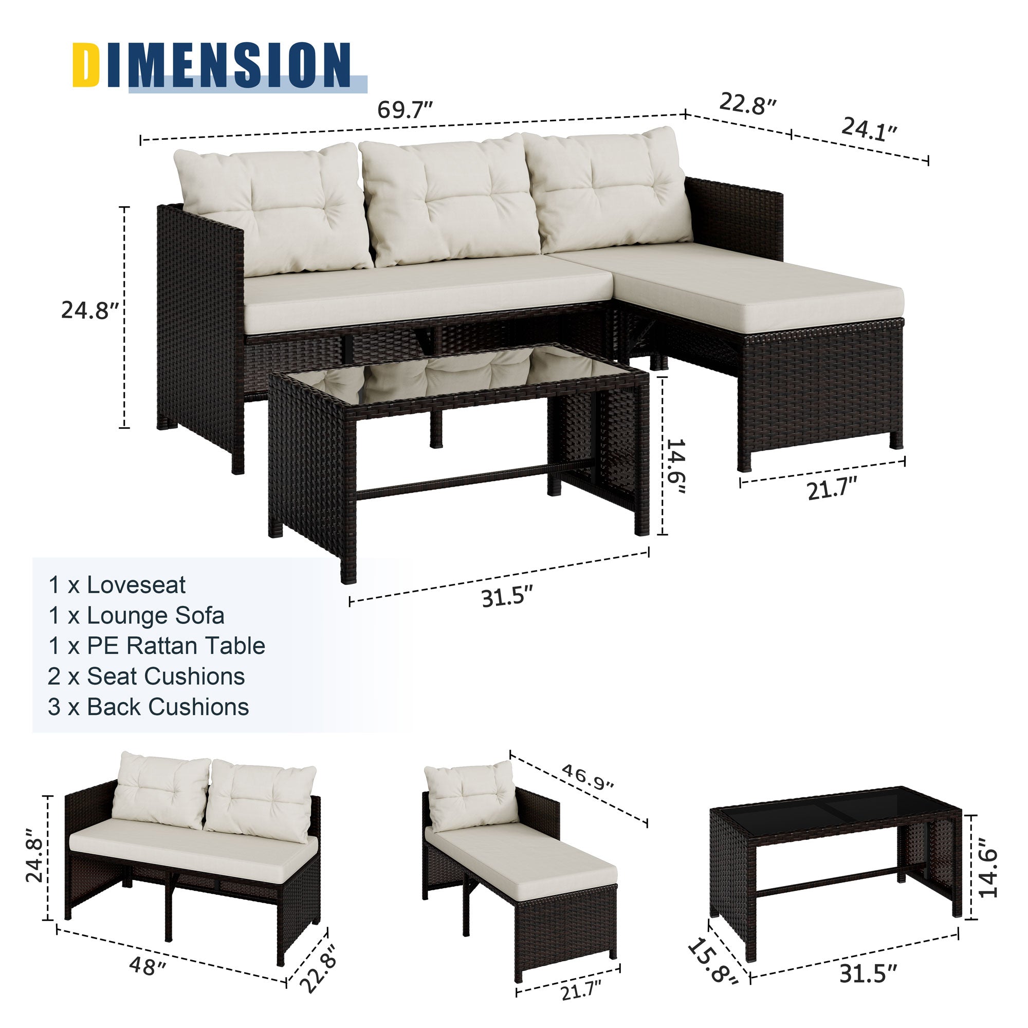 Vongrasig 3 Pieces Patio Furniture Sets, All-Weather Wicker Outdoor Sofa Couch Sectional Set, Small Conversation Set for Patio, Garden w/Cushion, Glass Table