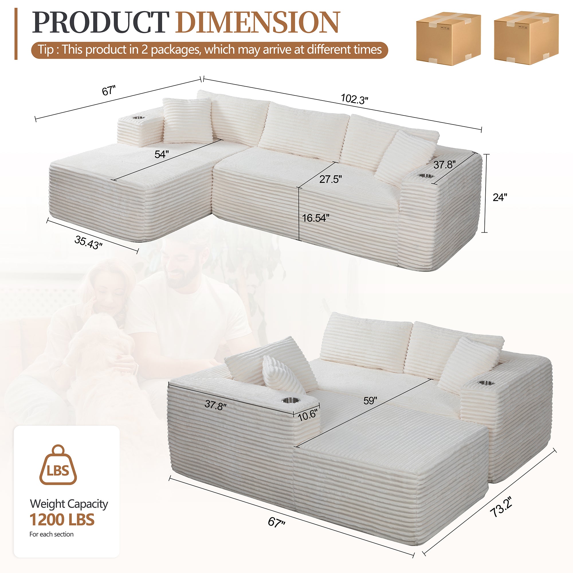 Vongrasig 103" Boneless Sectional Couches for Living Room, L-Shaped Chaise Modular Cloud Couch with Cup Holders on Armrests, Plush Corduroy Comfy Sofa with Memory Foam, No Assembly Required