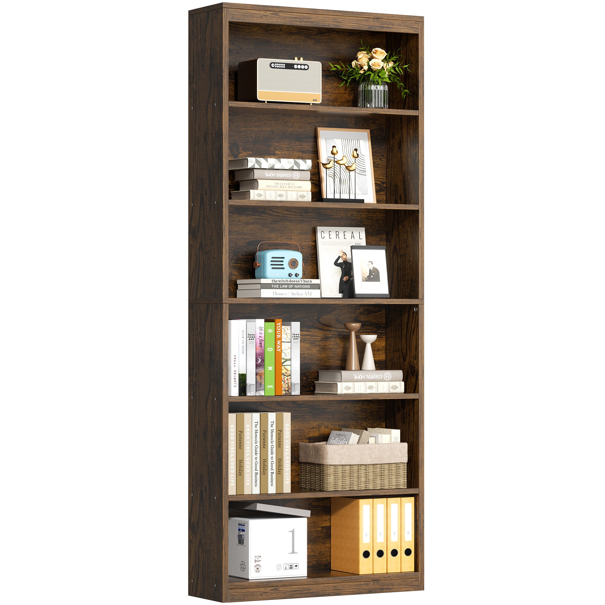 Vongrasig 6-Tier Open Bookshelf, Modern Wood Bookcase| 71" Tall Floor Standing Bookcase, Wood Display Storage Shelf for Home Office Living Room