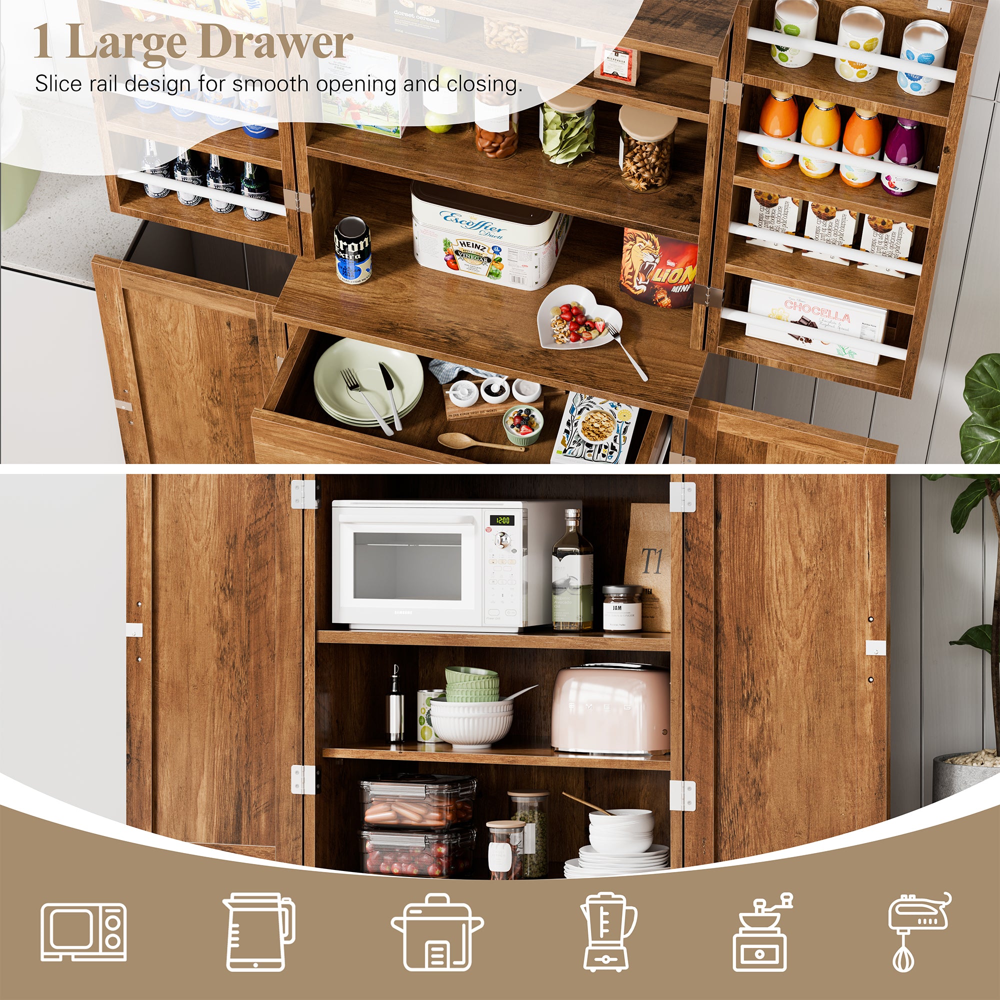 Vongrasig Kitchen Pantry Storage Cabinet with Barn Doors, Drawer and Adjustable Shelves, 6-Tier Tall Rustic Wood Cupboard Locker for Kitchen, Dining Room, Living Room, Bathroom