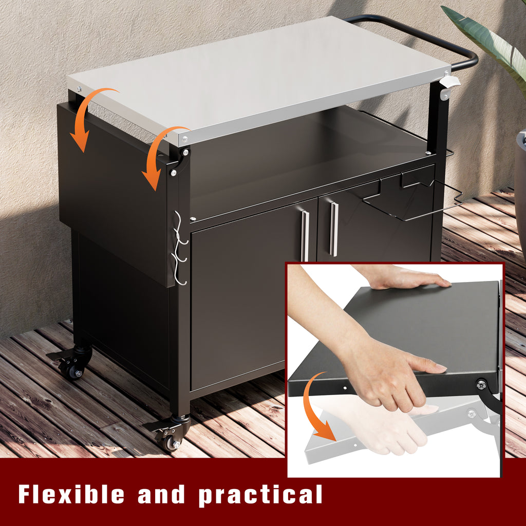 Vongrasig Outdoor Grill Cart, Patio Kitchen Island with Storage, Outdoor Bar Table BBQ Cart Pizza Oven Table with Foldable Stainless Steel Top & Wheels