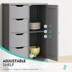 Vongrasig Bathroom Floor Storage Cabinet, Wooden Storage Organizer with 4 Drawers and 1 Door, Freestanding Pantry Cabinet with Adjustable Shelves for Bathroom, Living Room, Kitchen, Entryway