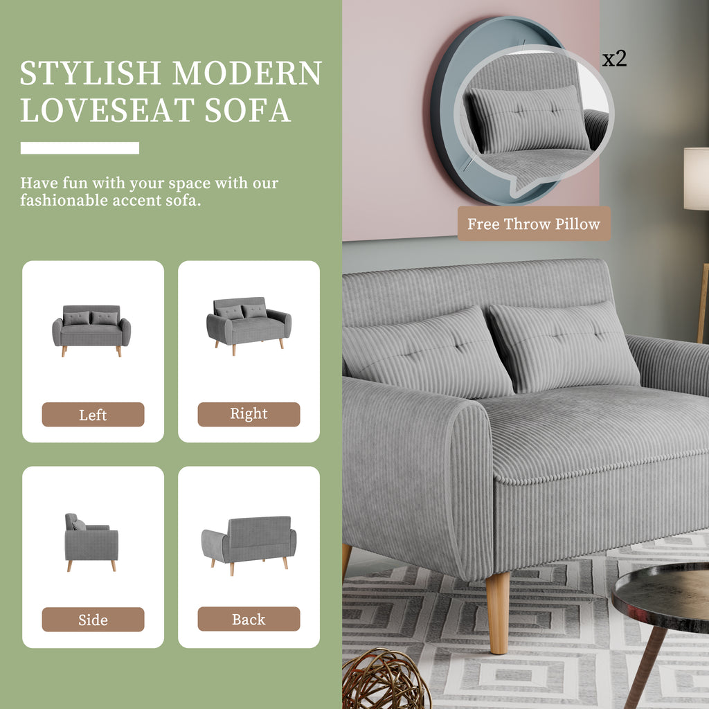 Vongrasig 48" Small Modern Loveseat Sofa, Mid Century Soft Corduroy Fabric 3-Seat Sofa Couch Tufted with Back Cushions and Tapered Legs for Living Room, Bedroom and Small Space