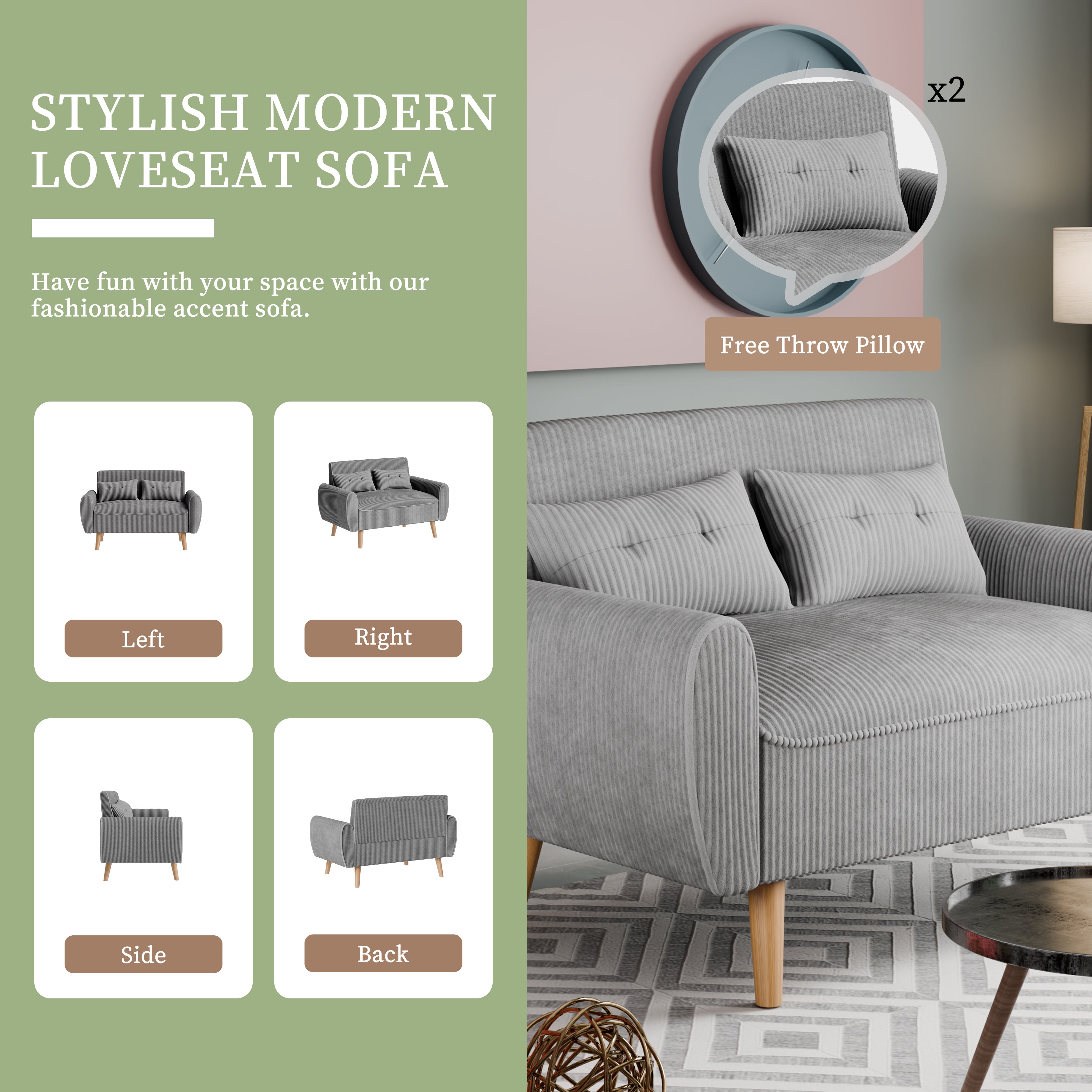 Vongrasig 48" Small Modern Loveseat Sofa, Mid Century Soft Corduroy Fabric 3-Seat Sofa Couch Tufted with Back Cushions and Tapered Legs for Living Room, Bedroom and Small Space