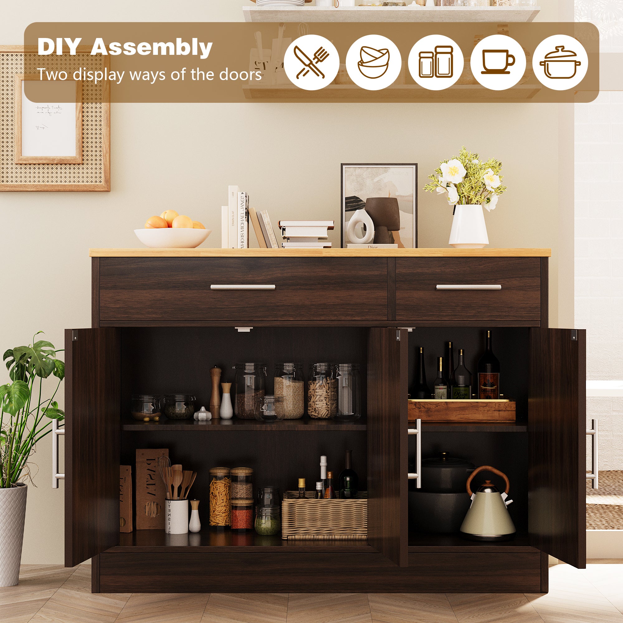 Vongrasig 43” Coffee Bar Cabinet, Farmhouse Buffet Cabinet with Storage, Sideboard Buffet with Drawers and Shelves for Kitchen