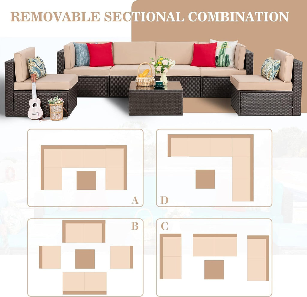 Vongrasig Patio Furniture Sets, Outdoor Patio Set Sectional Sofa, All-Weather PE Rattan Outdoor Couch with Ottoman, Glass Table for Garden, Backyard, Porch