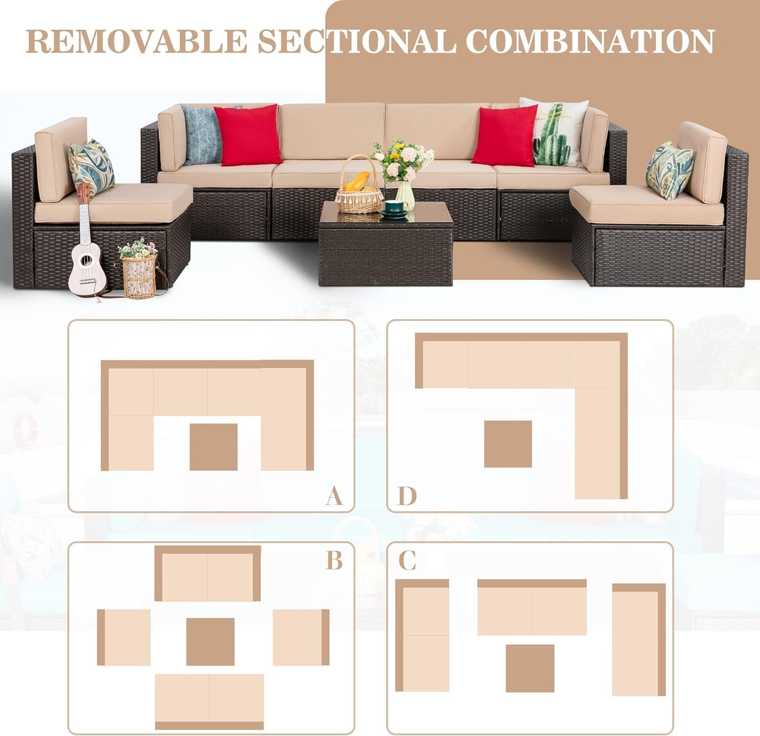 Vongrasig Patio Furniture Sets, Outdoor Patio Set Sectional Sofa, All-Weather PE Rattan Outdoor Couch with Ottoman, Glass Table for Garden, Backyard, Porch