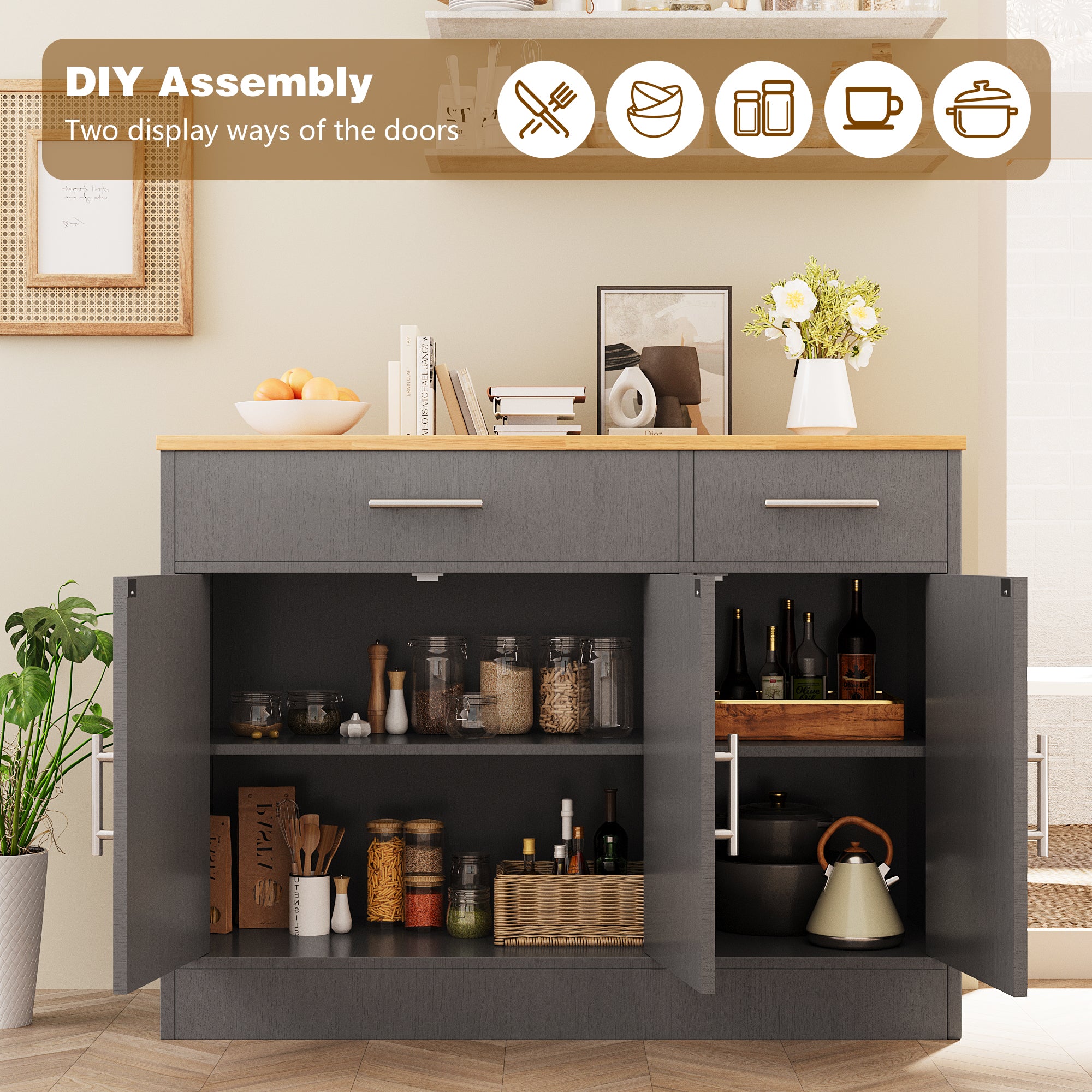 Vongrasig 43” Coffee Bar Cabinet, Farmhouse Buffet Cabinet with Storage, Sideboard Buffet with Drawers and Shelves for Kitchen