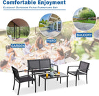 Vongrasig 4 Pieces Patio Furniture Sets,Outdoor Patio Conversation Sets with Glass Coffee Table, Small Porch Balcony Furniture, Patio Table and Chairs Set for Garden, Backyard