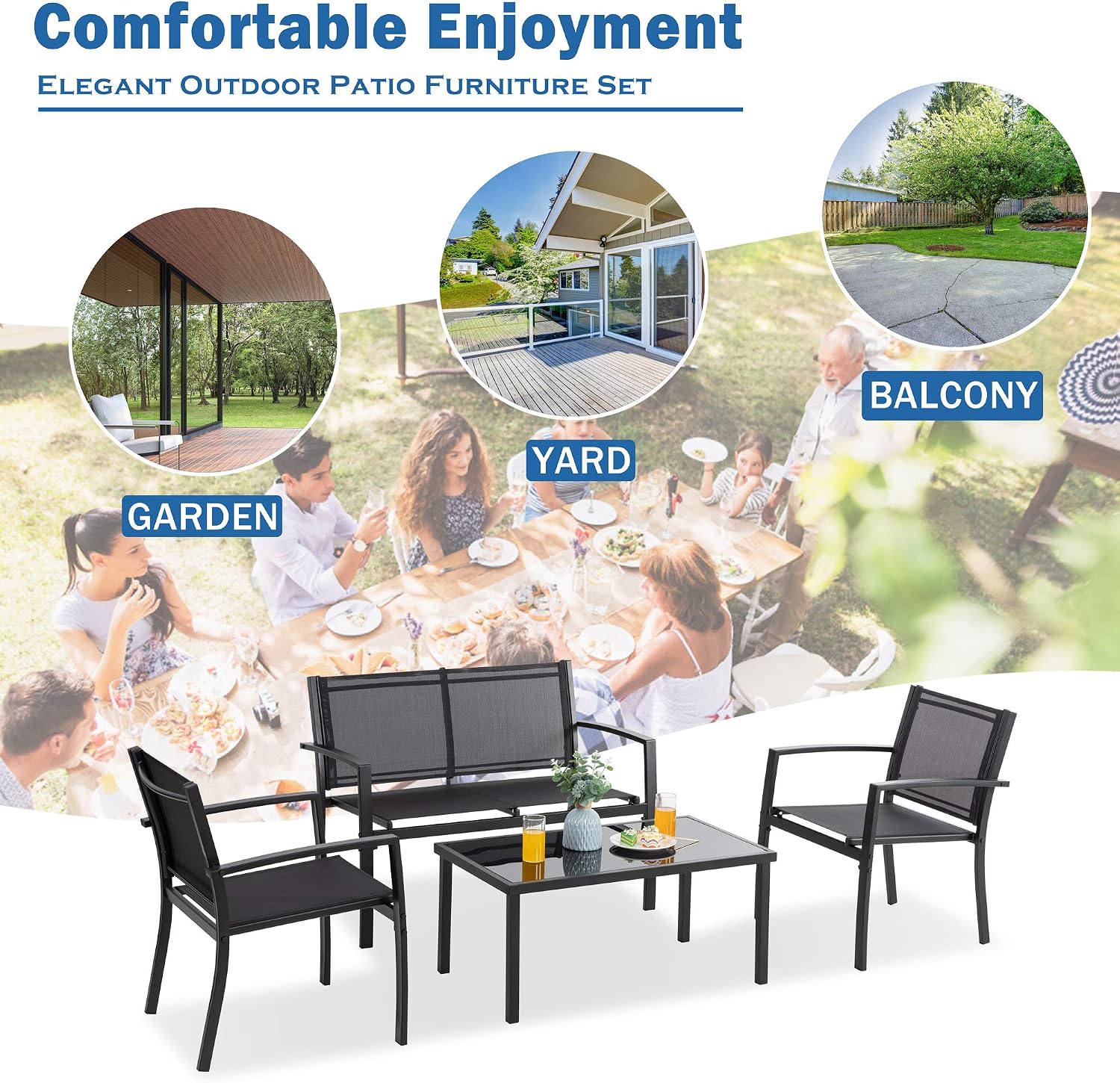 Vongrasig 4 Pieces Patio Furniture Sets,Outdoor Patio Conversation Sets with Glass Coffee Table, Small Porch Balcony Furniture, Patio Table and Chairs Set for Garden, Backyard