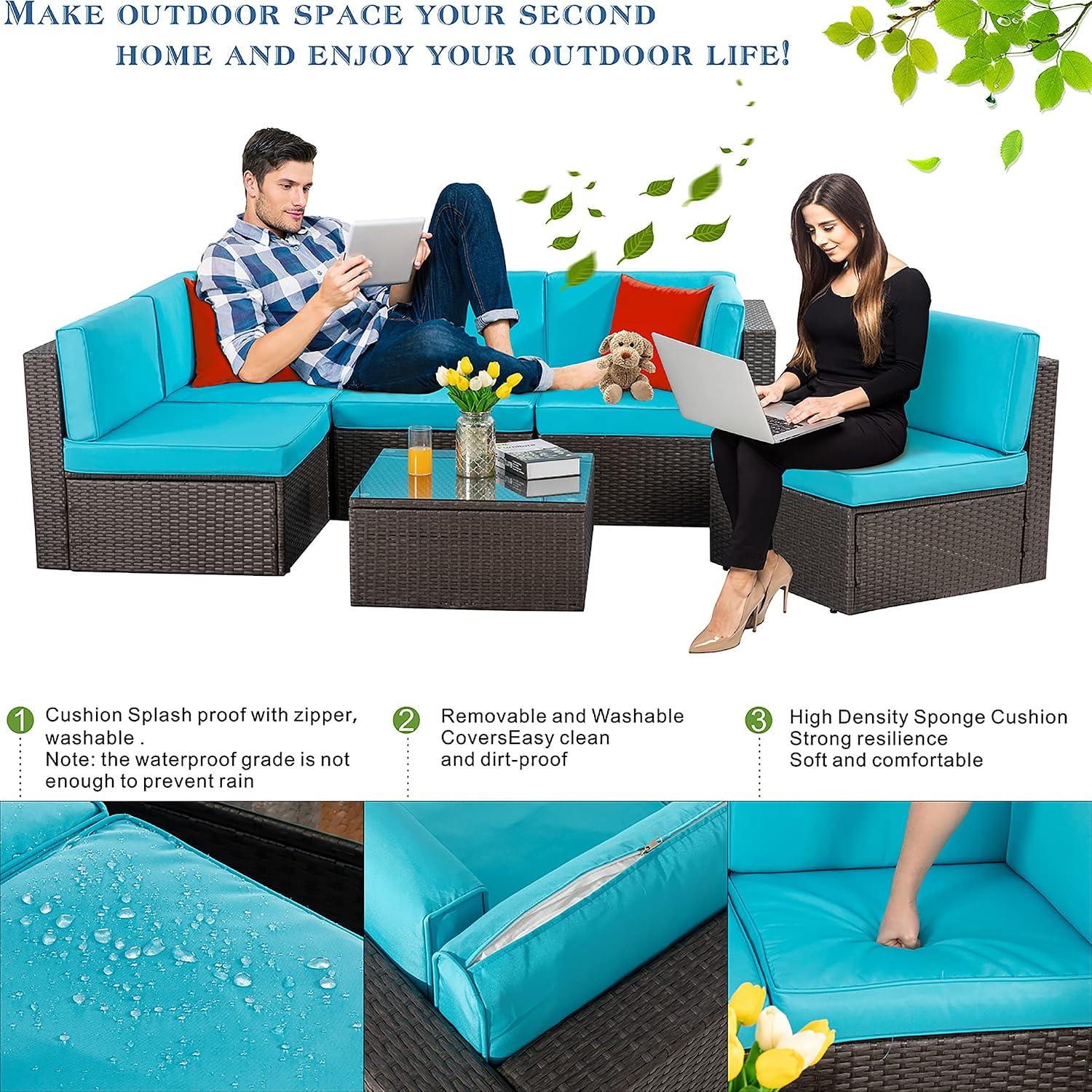Vongrasig Patio Furniture Sets, Outdoor Patio Set Sectional Sofa, All-Weather PE Rattan Outdoor Couch with Ottoman, Glass Table for Garden, Backyard, Porch