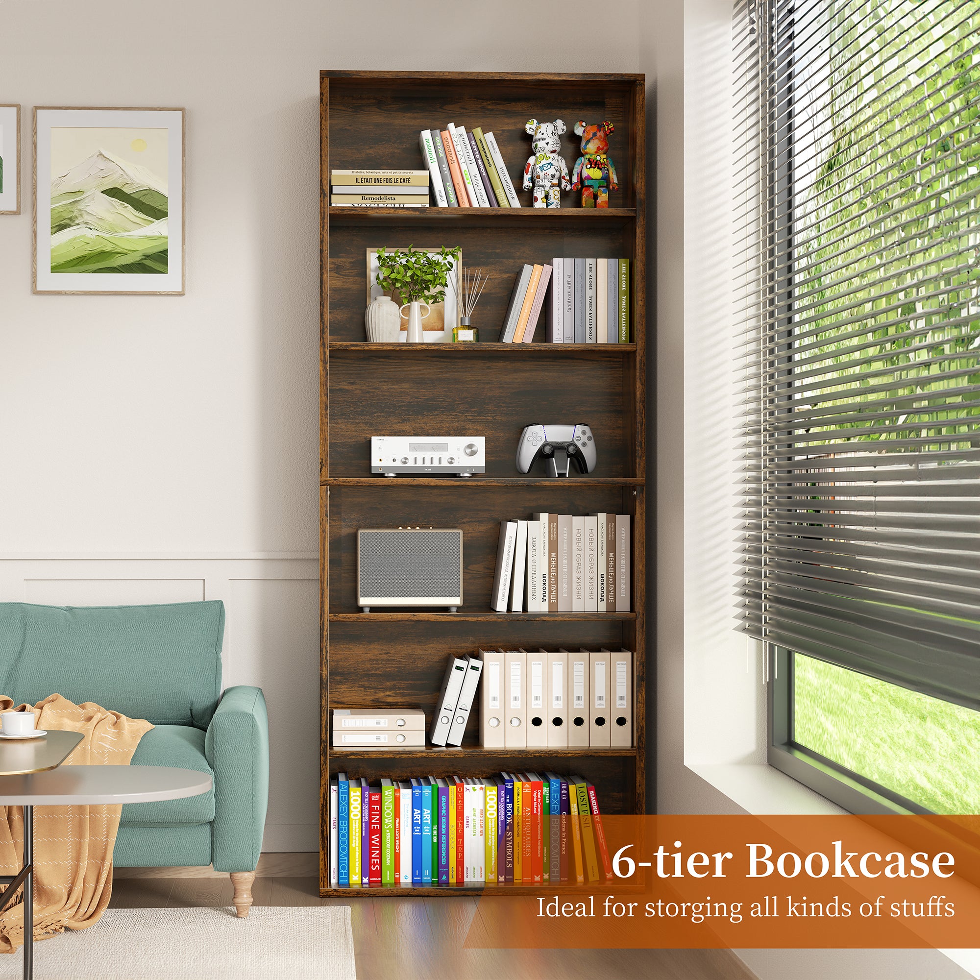 Vongrasig 6-Tier Open Bookcase and Bookshelf, Floor Standing Wood Display Storage Shelves 71 Inch Tall Bookcase Home Decor Furniture for Home Office, Living Room, Bed Room