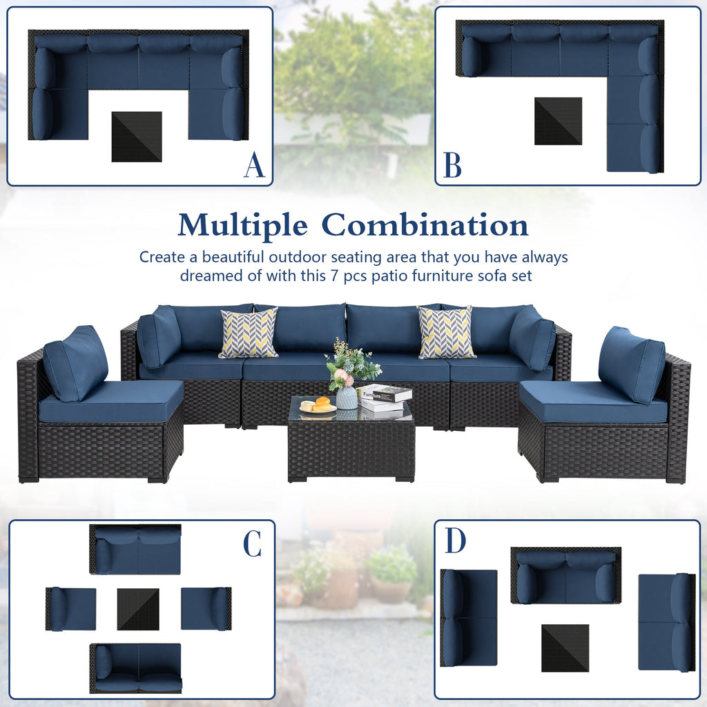 Vongrasig Patio Furniture 7 Pieces Outdoor Sectional Sofa Set, Black Wicker