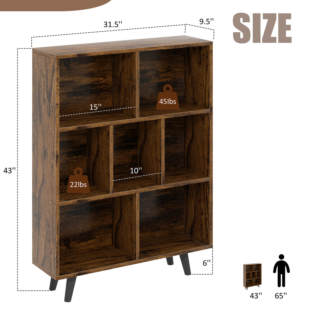 Vongrasig 7 Cube Bookshelf, 3 Tier Mid-Century Modern Bookcase with Legs, Wooden Bookshelf Storage Organizer Display Bookcase for Bedroom, Living Room, Office, Rustic
