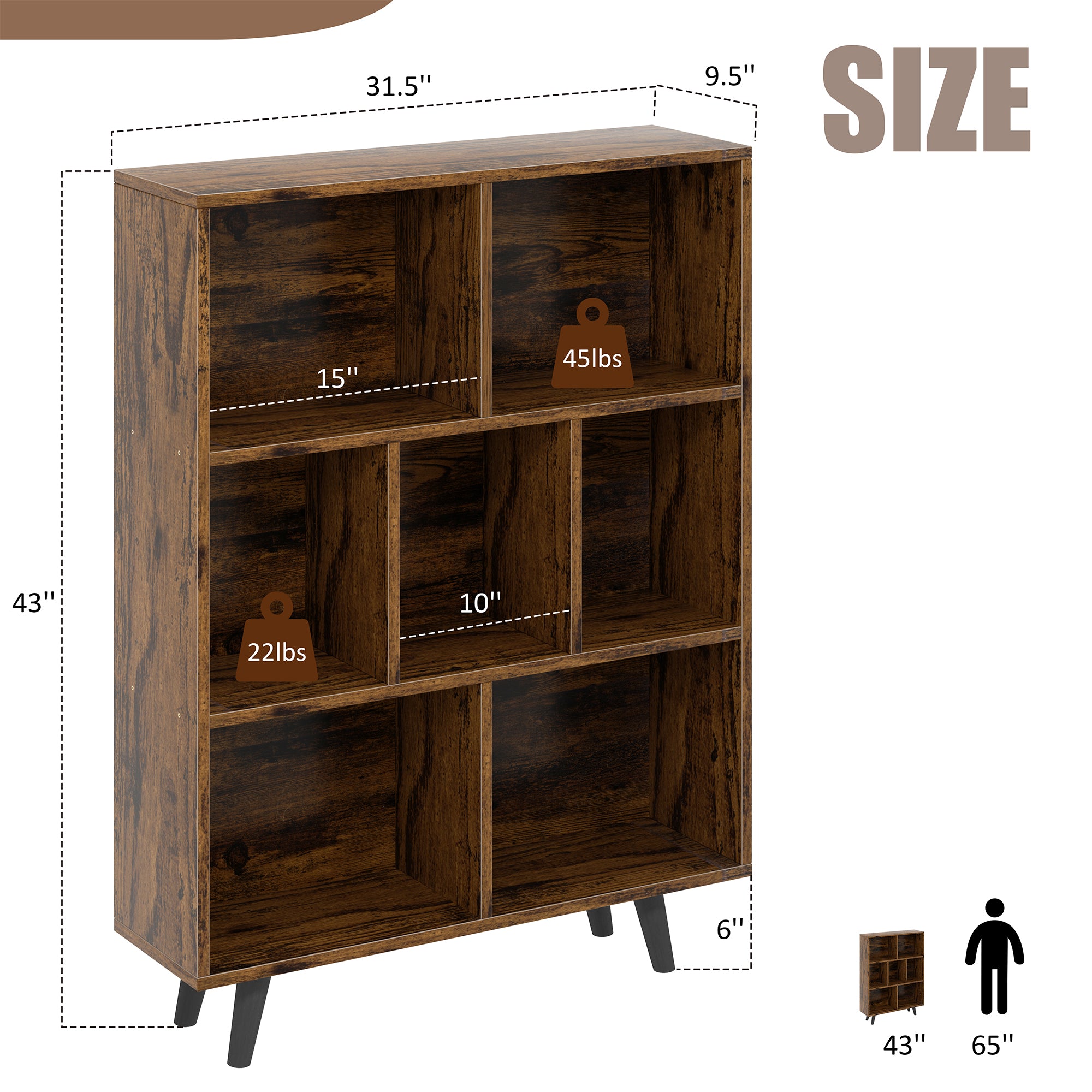 Vongrasig 7 Cube Bookshelf, 3 Tier Mid-Century Modern Bookcase with Legs, Wooden Bookshelf Storage Organizer Display Bookcase for Bedroom, Living Room, Office, Rustic