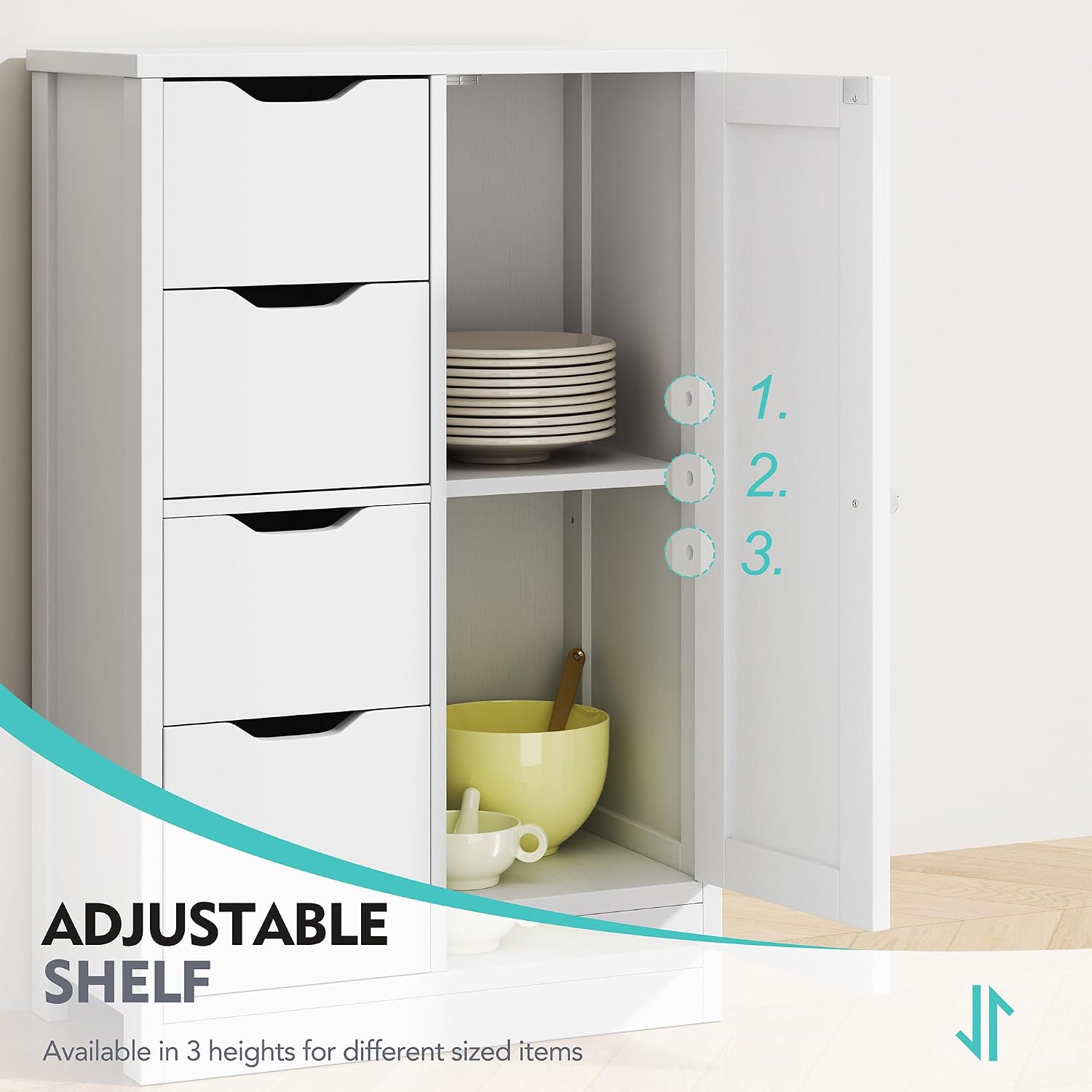 Vongrasig Bathroom Floor Storage Cabinet, Wooden Storage Organizer with 4 Drawers and 1 Door, Freestanding Pantry Cabinet with Adjustable Shelves for Bathroom, Living Room, Kitchen, Entryway