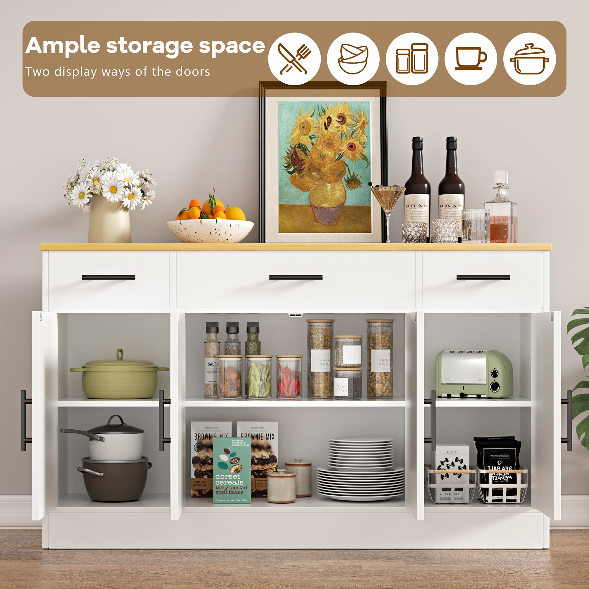 Vongrasig Buffet Cabinet with Storage, Farmhouse Coffee Bar Cabinet with Drawers, 53” Large Modern Sideboard Buffet with Adjustable Shelves for Kitchen, Dining Room