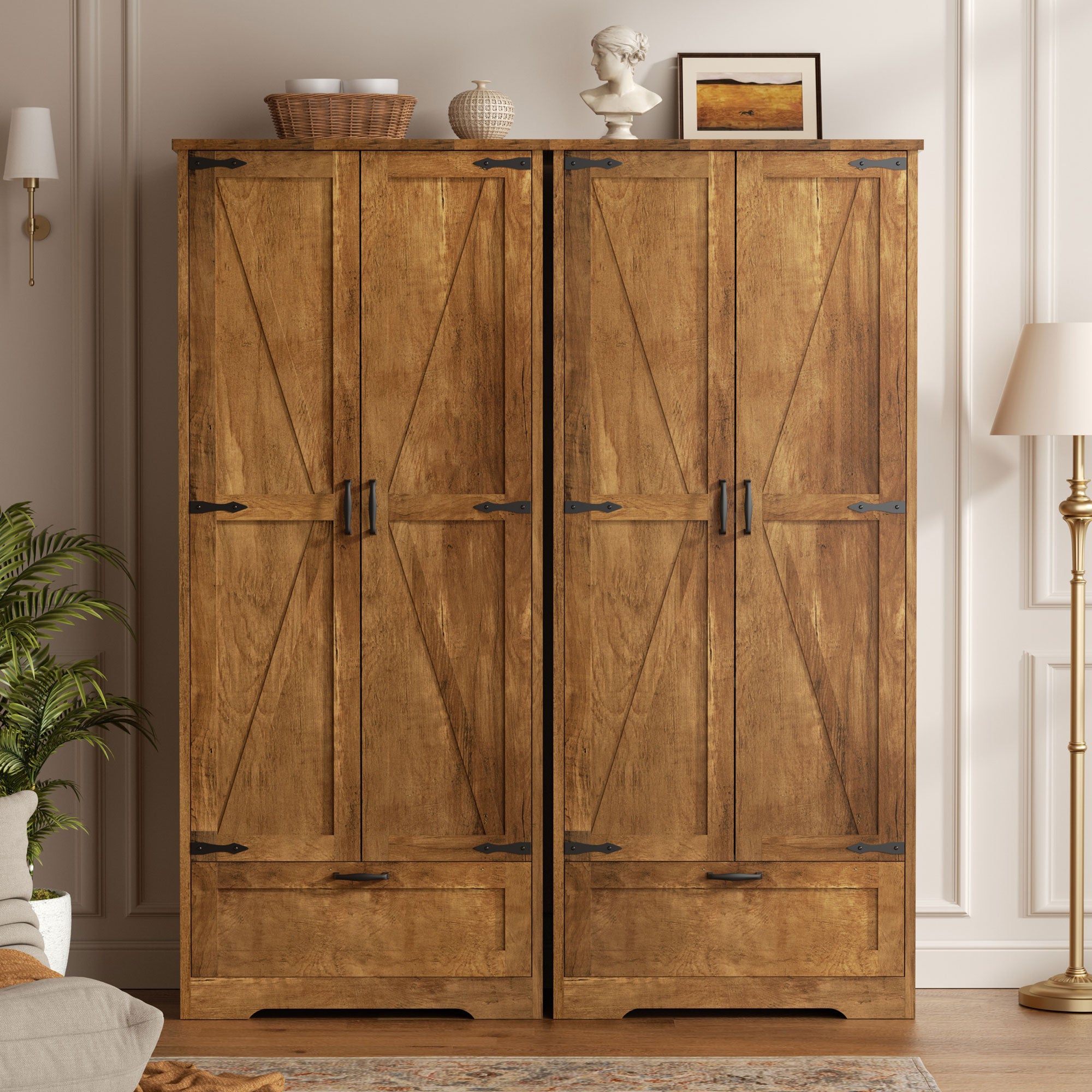 Vongrasig Kitchen Pantry Storage Cabinet with Barn Doors, Drawer and Adjustable Shelves, 4-Tier Tall Rustic Wood Cupboard Locker for Kitchen, Living Room, Bathroom, Dining Room