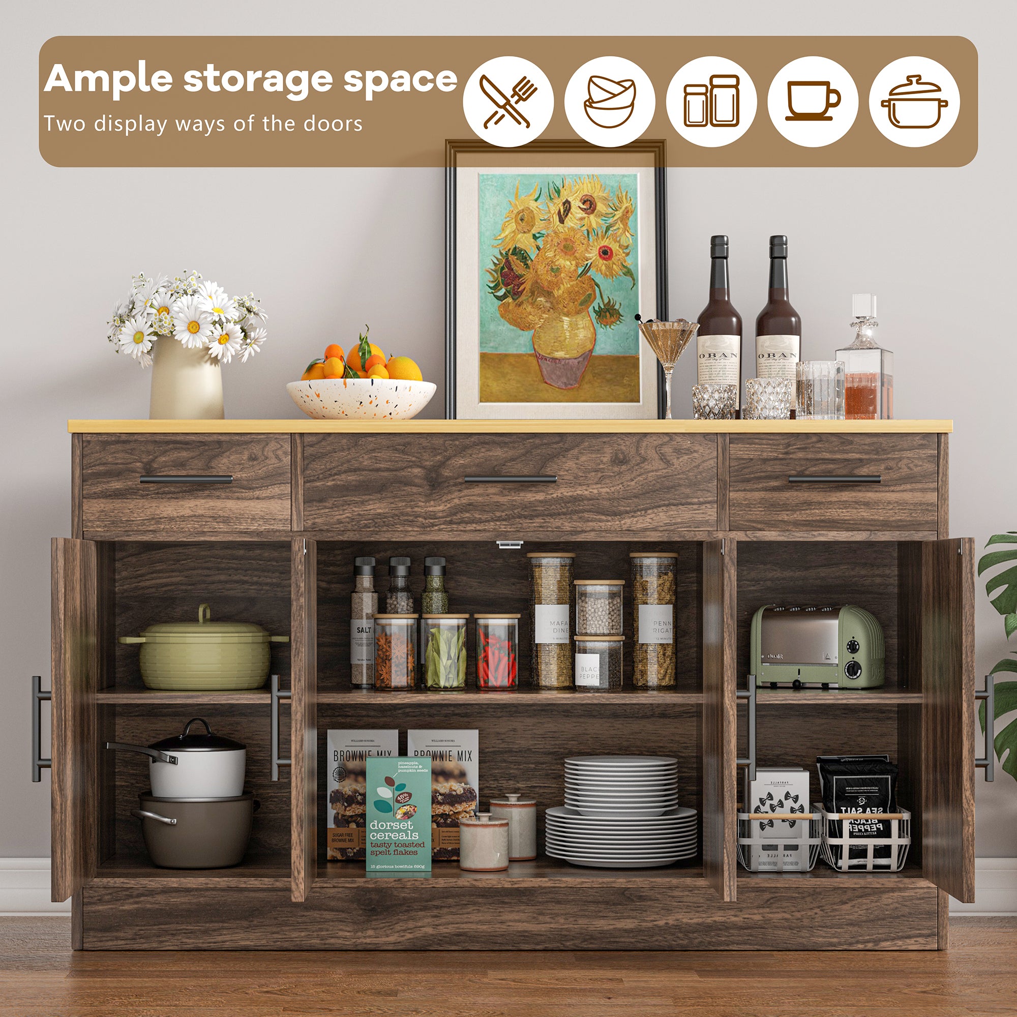 Vongrasig Buffet Cabinet with Storage, Farmhouse Coffee Bar Cabinet with Drawers, 53” Large Modern Sideboard Buffet with Adjustable Shelves for Kitchen, Dining Room