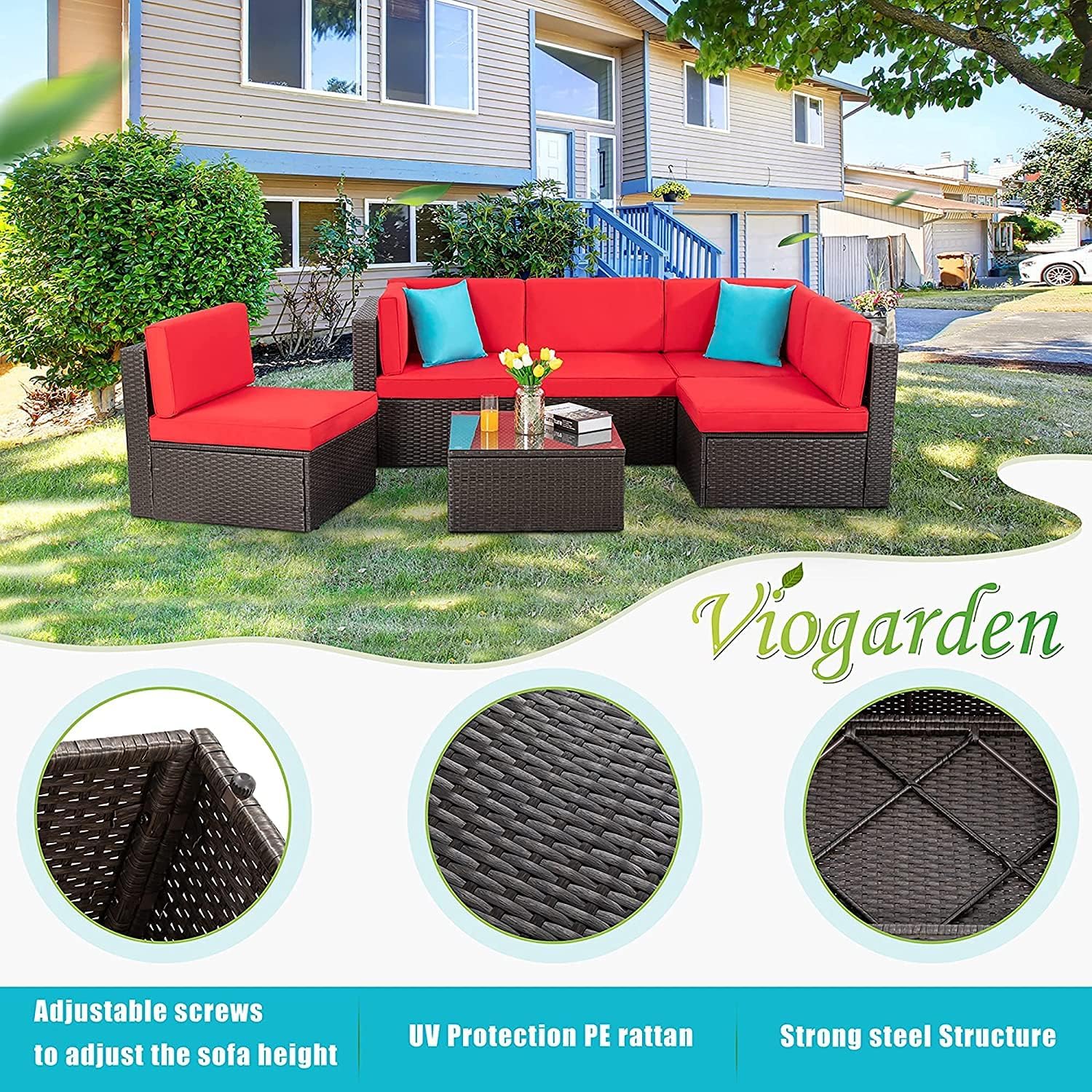 Vongrasig Patio Furniture Sets, Outdoor Patio Set Sectional Sofa, All-Weather PE Rattan Outdoor Couch with Ottoman, Glass Table for Garden, Backyard, Porch