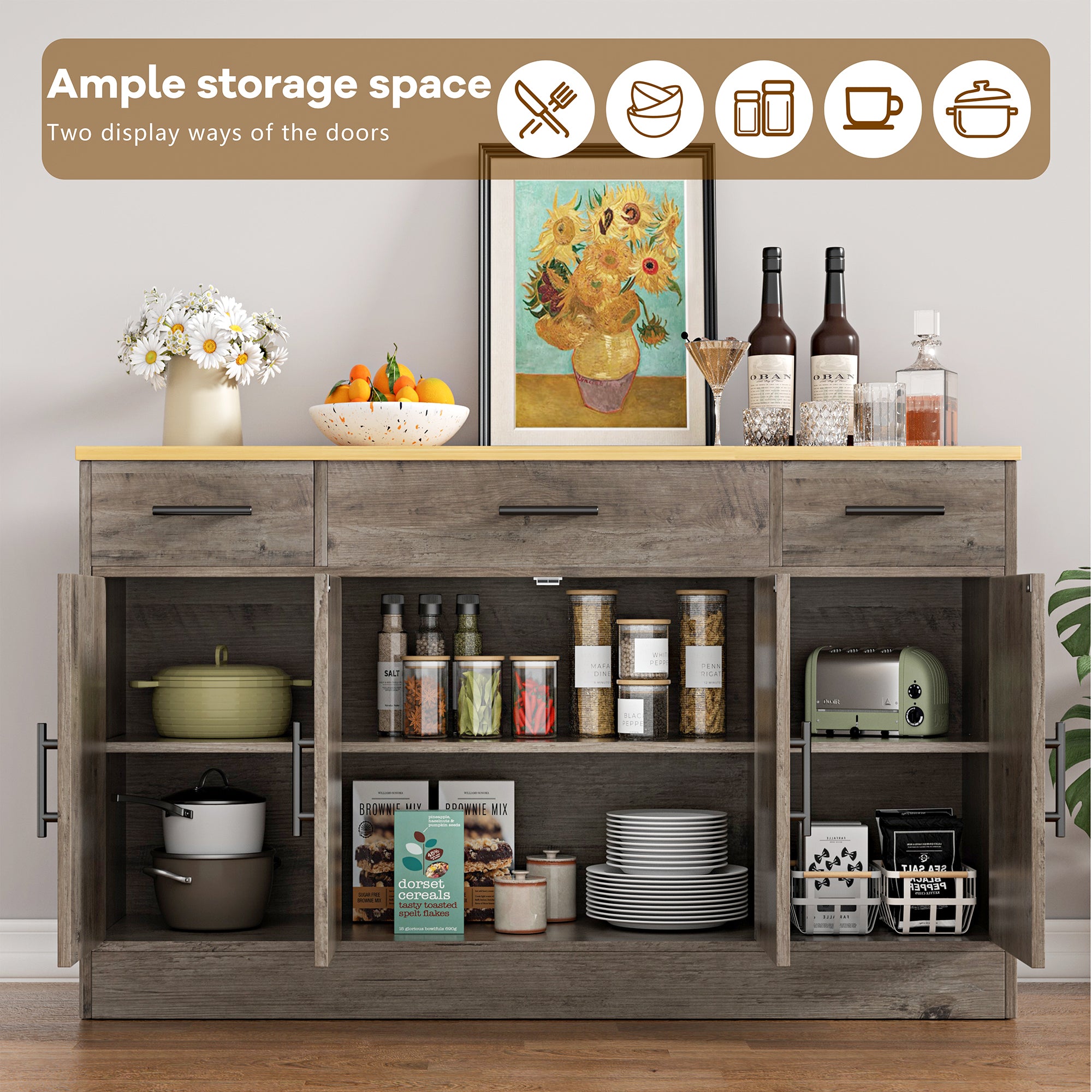 Vongrasig Buffet Cabinet with Storage, Farmhouse Coffee Bar Cabinet with Drawers, 53” Large Modern Sideboard Buffet with Adjustable Shelves for Kitchen, Dining Room
