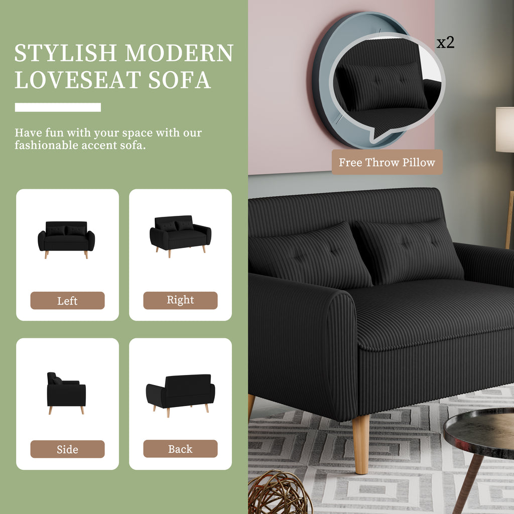 Vongrasig 48" Small Modern Loveseat Sofa, Mid Century Soft Corduroy Fabric 3-Seat Sofa Couch Tufted with Back Cushions and Tapered Legs for Living Room, Bedroom and Small Space