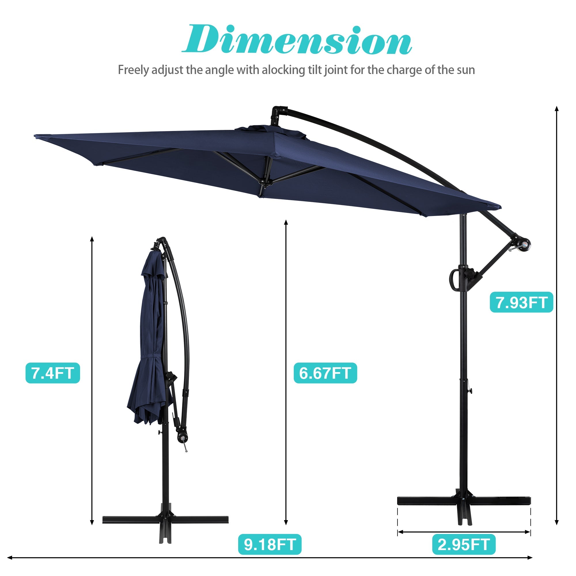 Walsunny Patio Offset Umbrella Easy Tilt Adjustment,Crank and Cross Base, Outdoor Cantilever Hanging Umbrella with 8 Ribs (7504185786544)