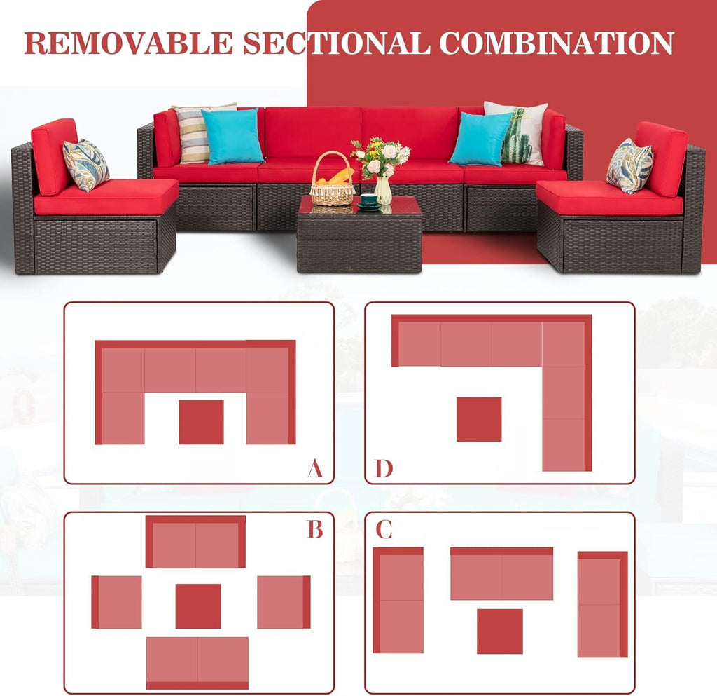Vongrasig Patio Furniture Sets, Outdoor Patio Set Sectional Sofa, All-Weather PE Rattan Outdoor Couch with Ottoman, Glass Table for Garden, Backyard, Porch