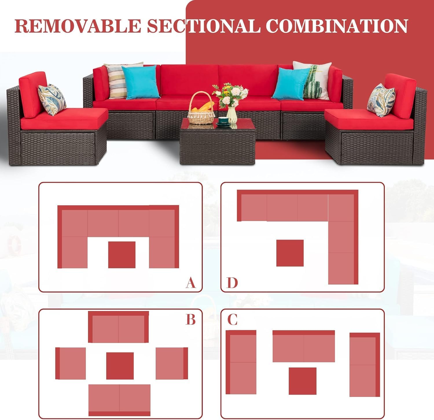 Vongrasig Patio Furniture Sets, Outdoor Patio Set Sectional Sofa, All-Weather PE Rattan Outdoor Couch with Ottoman, Glass Table for Garden, Backyard, Porch
