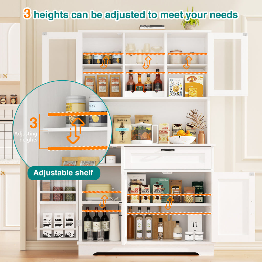 Vongrasig Kitchen Pantry Cabinet, Farmhouse Kitchen Hutch Tall Storage Cabinet with Doors and Shelves, Modern Food Pantry for Dining Room