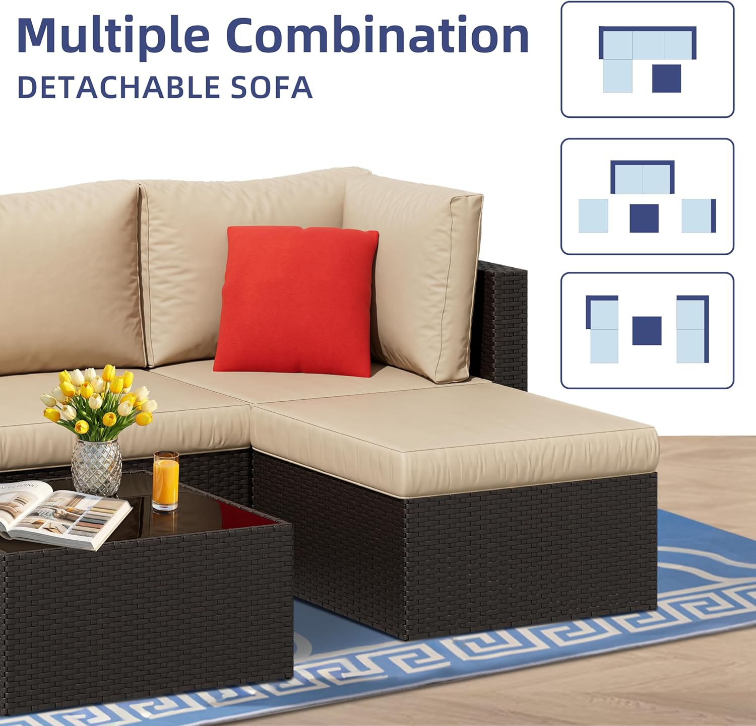 Vongrasig Patio Furniture Sets, Outdoor Patio Set Sectional Sofa, All-Weather PE Rattan Outdoor Couch with Ottoman, Glass Table for Garden, Backyard, Porch